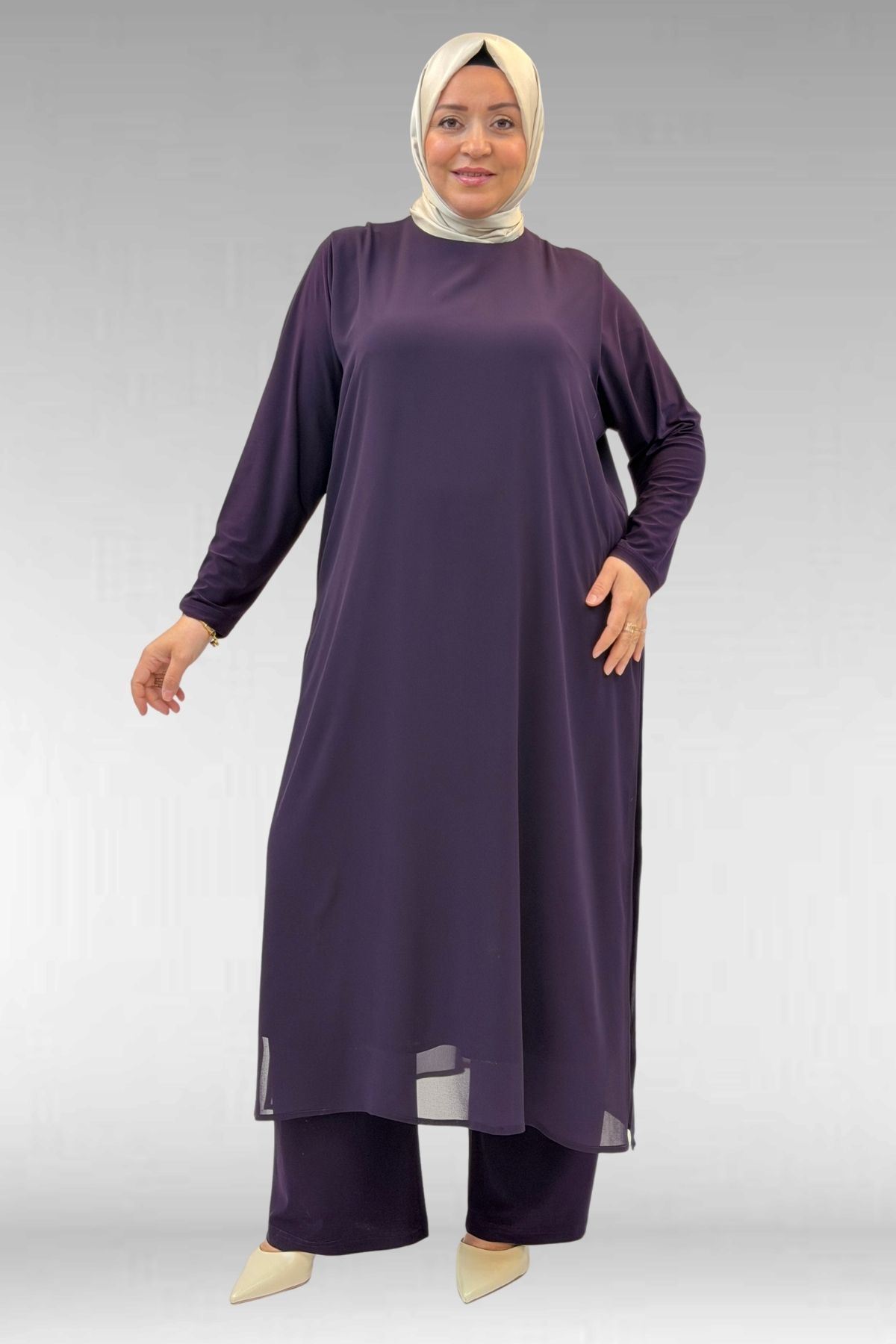 67024 Büyük Beden Sandy-Şifon Elbise - Mürdüm