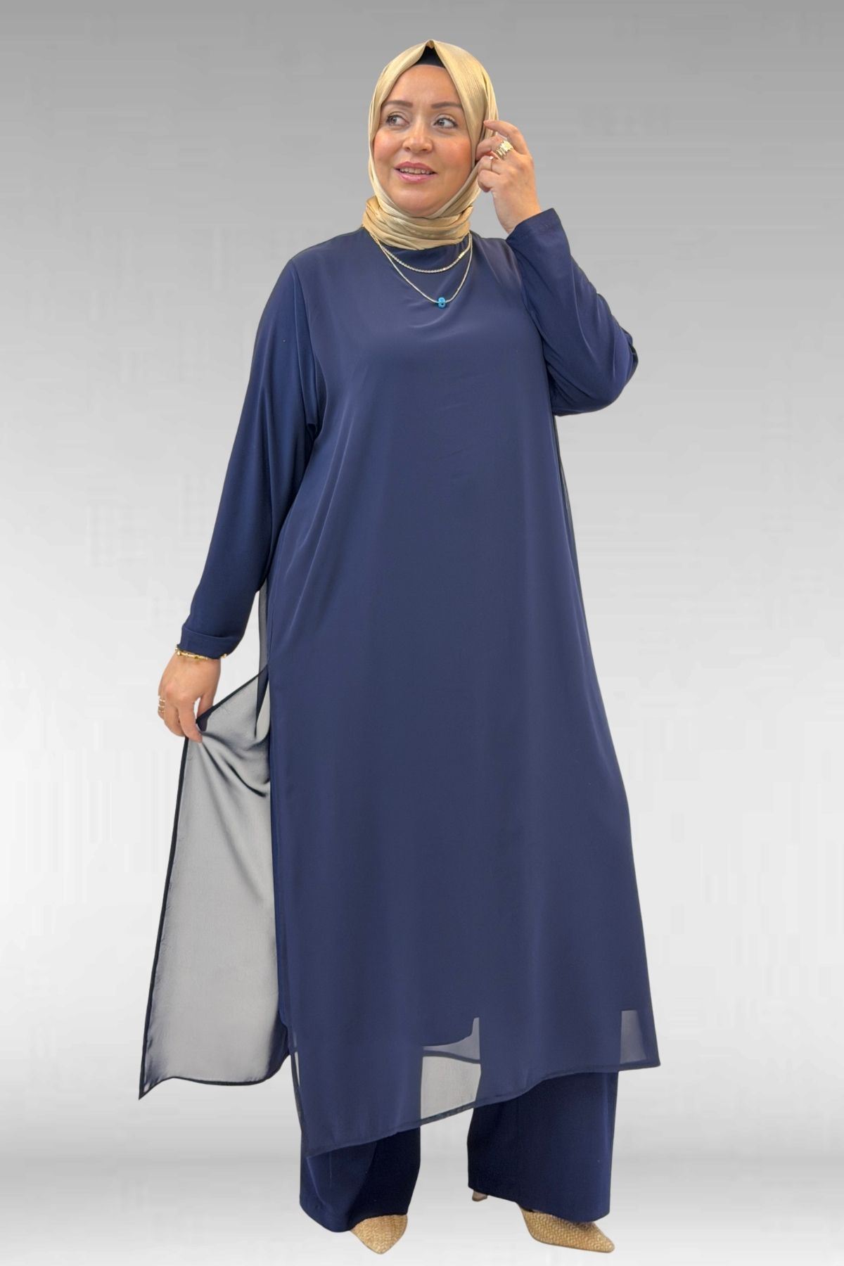 67024 Büyük Beden Sandy-Şifon Elbise - Lacivert