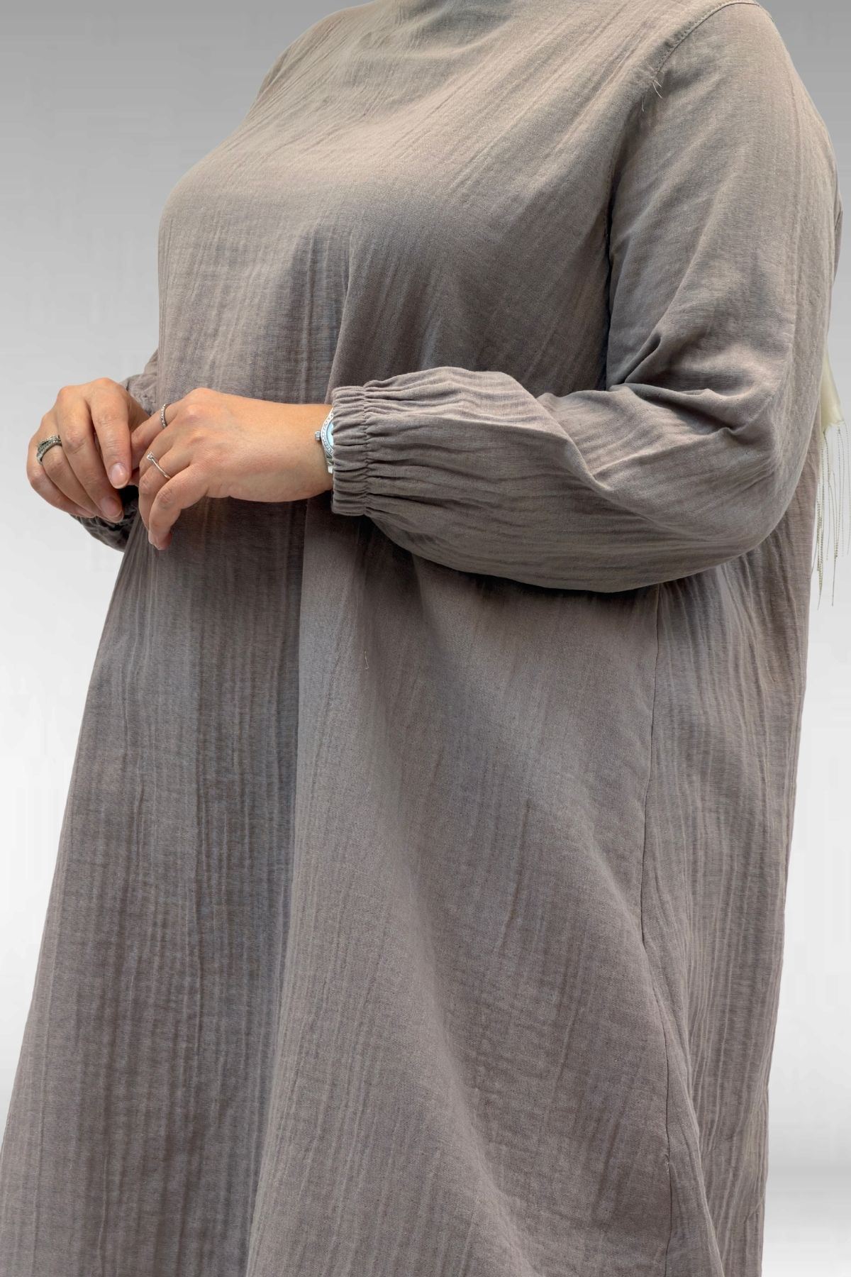 67044 Büyük Beden Asimetrik Kesim Pantolonlu Müslin Takım - Vizon