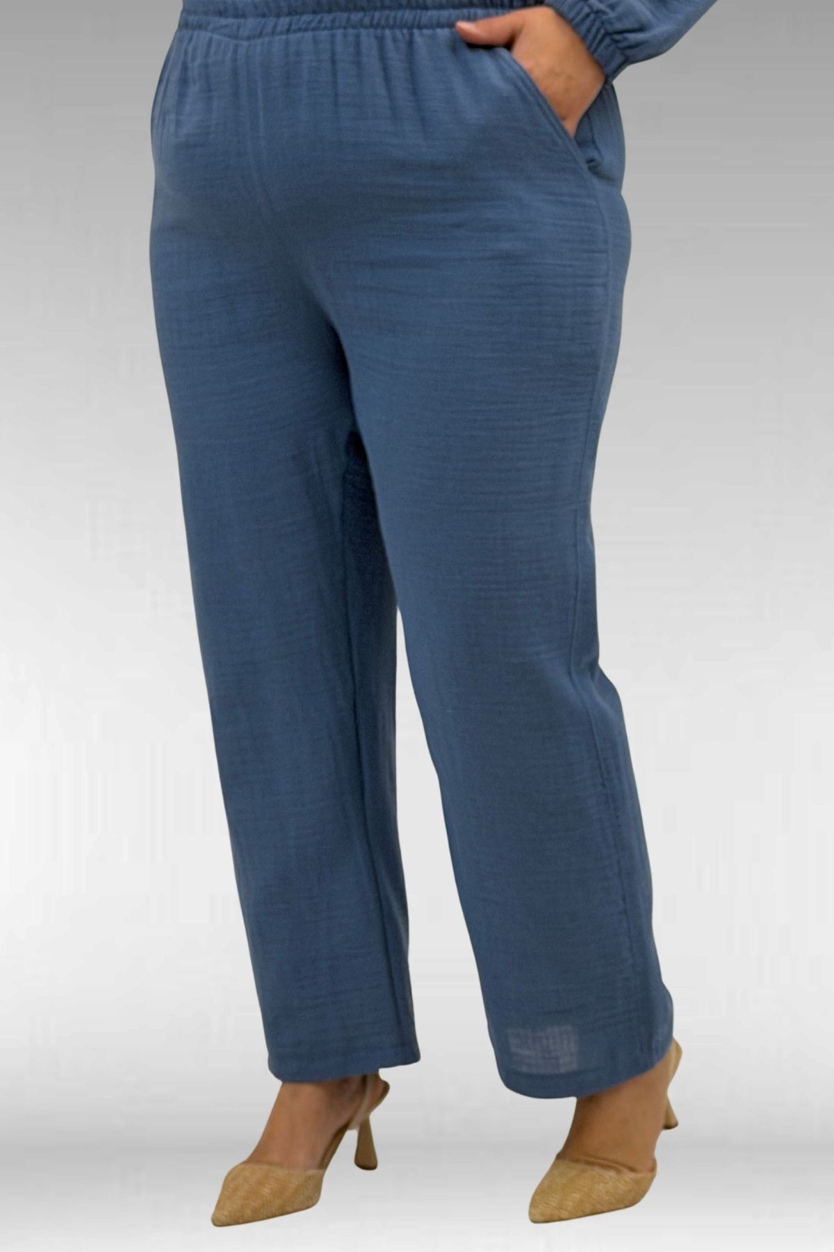 67044 Büyük Beden Asimetrik Kesim Pantolonlu Müslin Takım - Soğuk Mavi