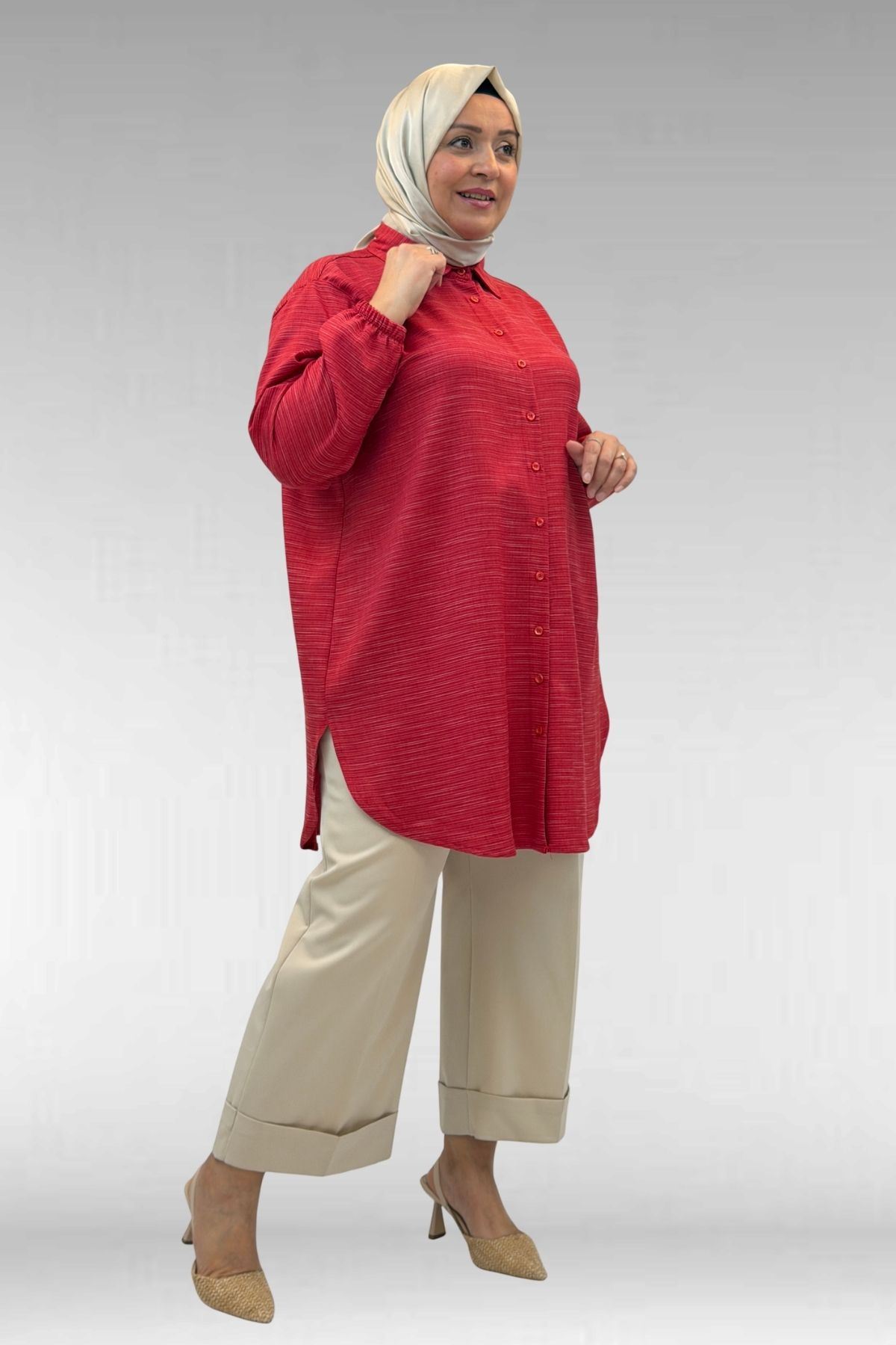 58068 Büyük Beden Erkek Yakalı Gömlek - Kırmızı Kırçıllı