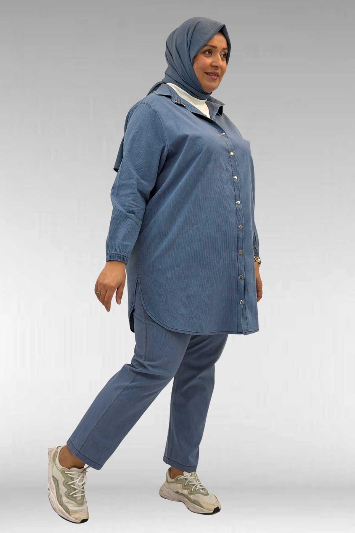 67042 Büyük Beden Kolları Lastikli Pantolonlu Takım - Mavi