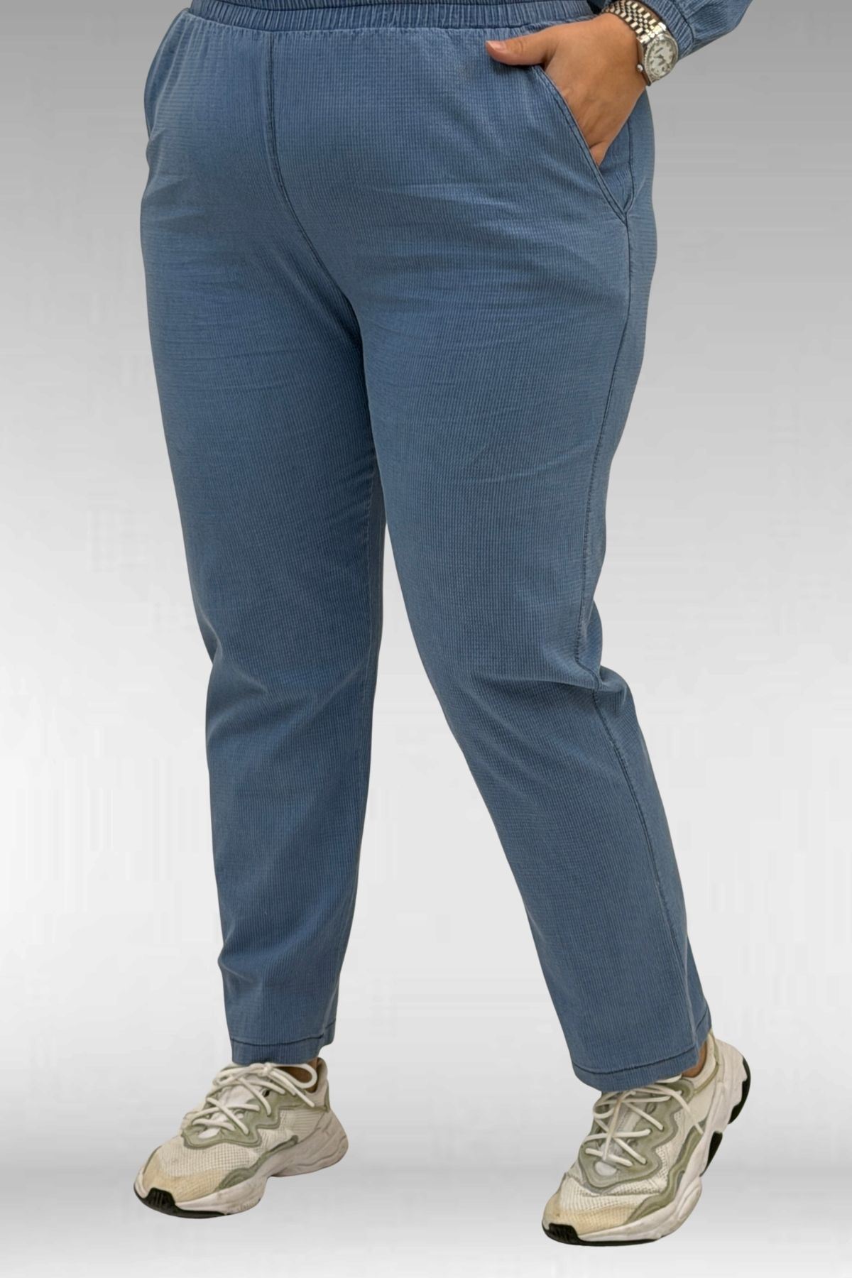 67042 Büyük Beden Kolları Lastikli Pantolonlu Takım - Mavi