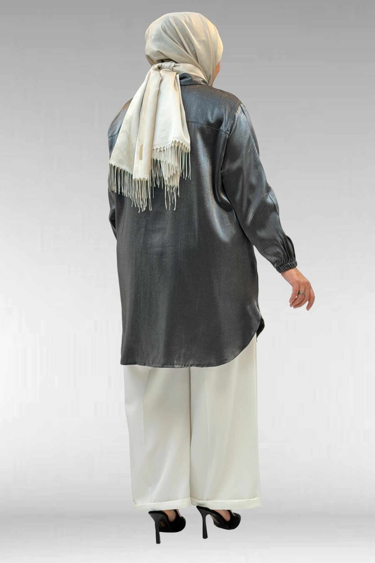 58085-1 Büyük Beden Kolları Lastikli Star Gömlek - Siyah