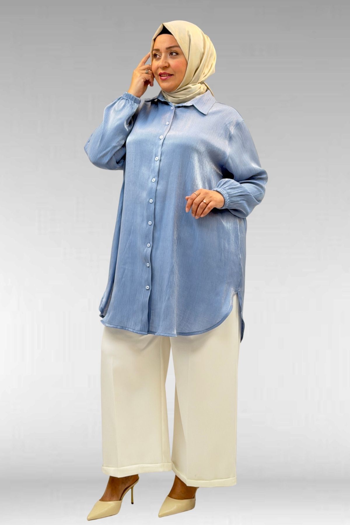 58085-1 Büyük Beden Kolları Lastikli Star Gömlek - İndigo