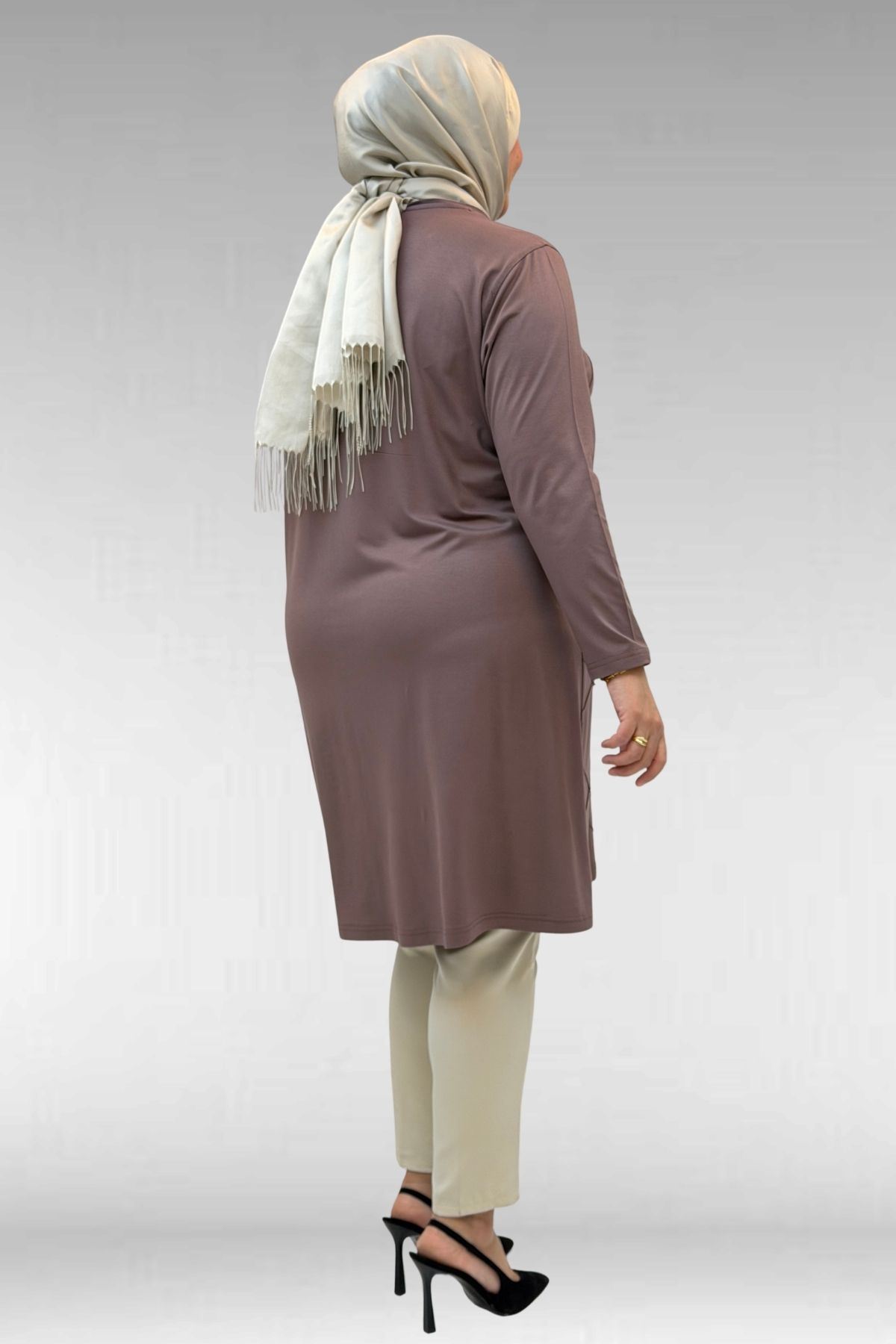 68004 Büyük Beden Çıma Detaylı Penye Tunik - Vizon