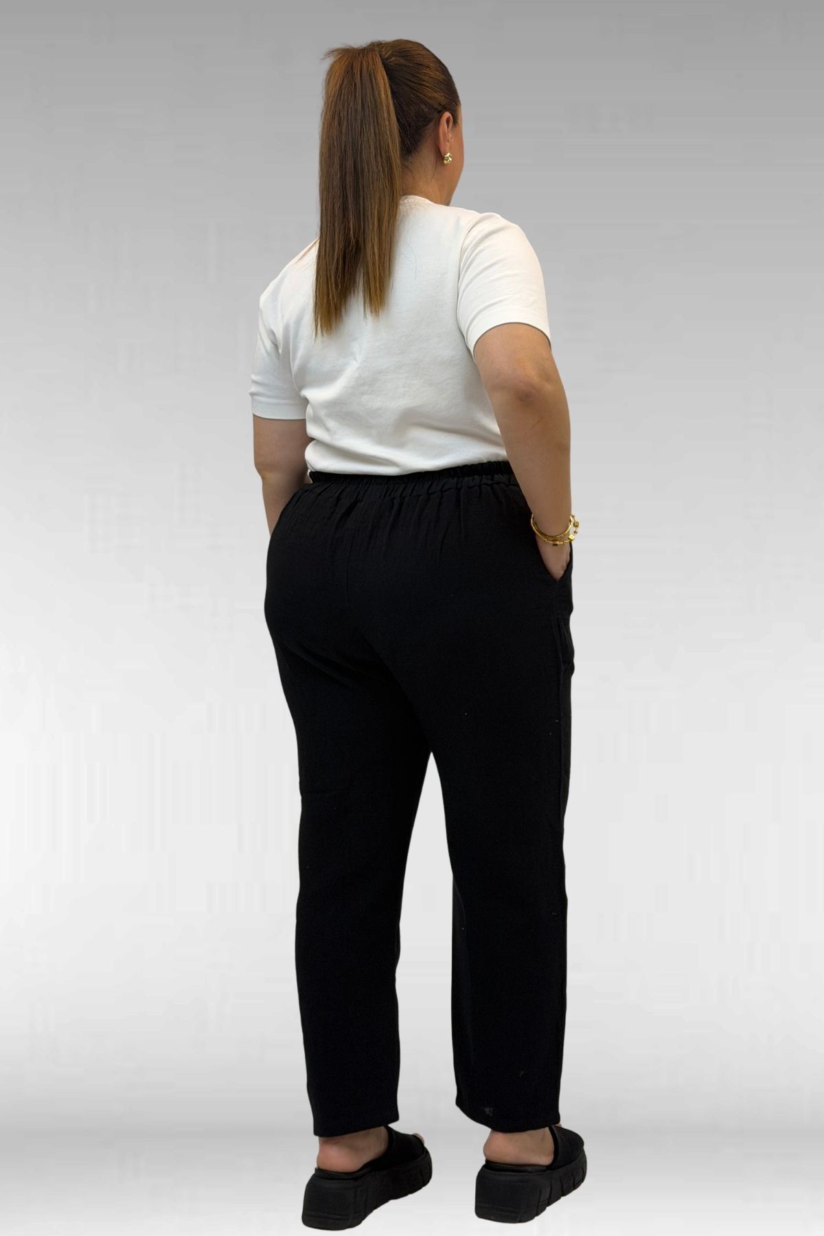 59020 Büyük Beden Beli Lastikli Müslin Dar Paça Pantolon - Siyah