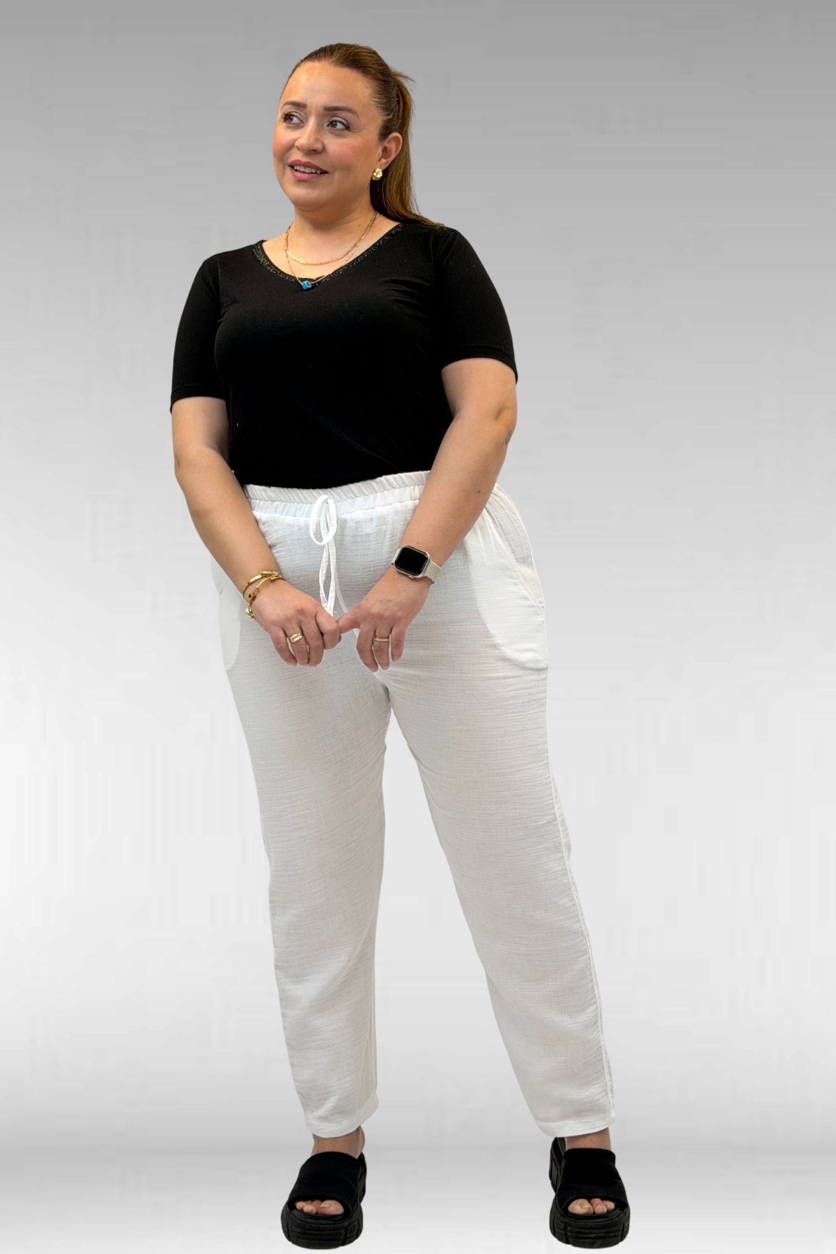 59020 Büyük Beden Beli Lastikli Müslin Dar Paça Pantolon - Ekru