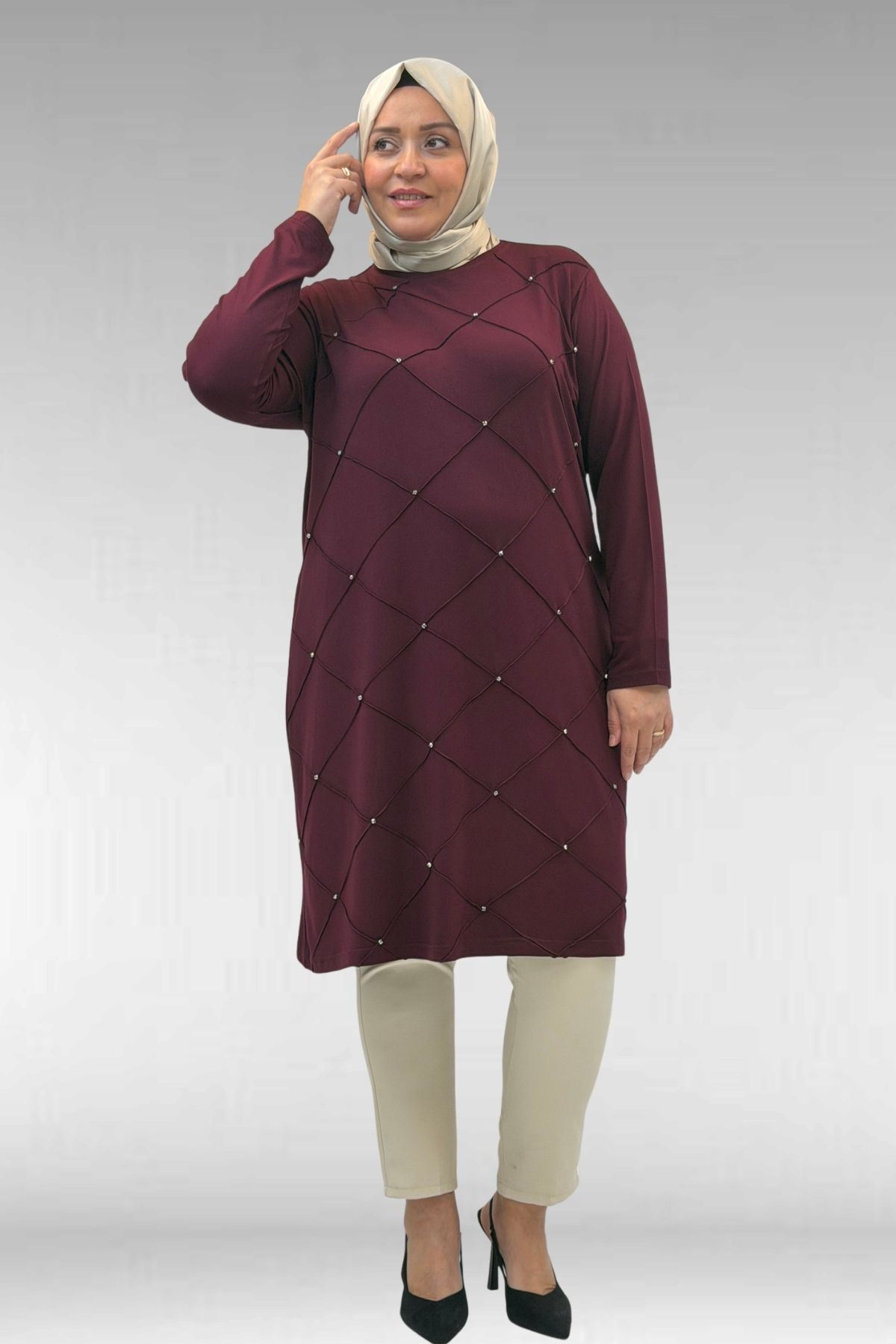 68004 Büyük Beden Çıma Detaylı Penye Tunik - Bordo
