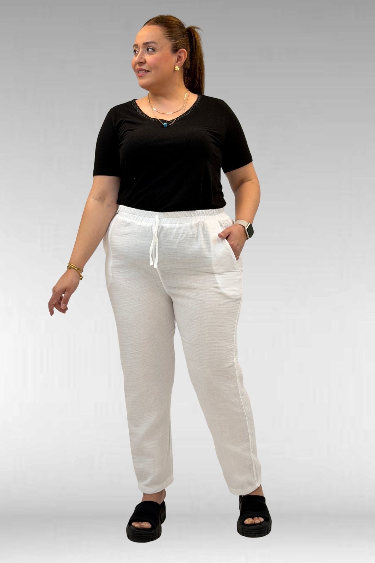 59020 Büyük Beden Beli Lastikli Müslin Dar Paça Pantolon - Ekru