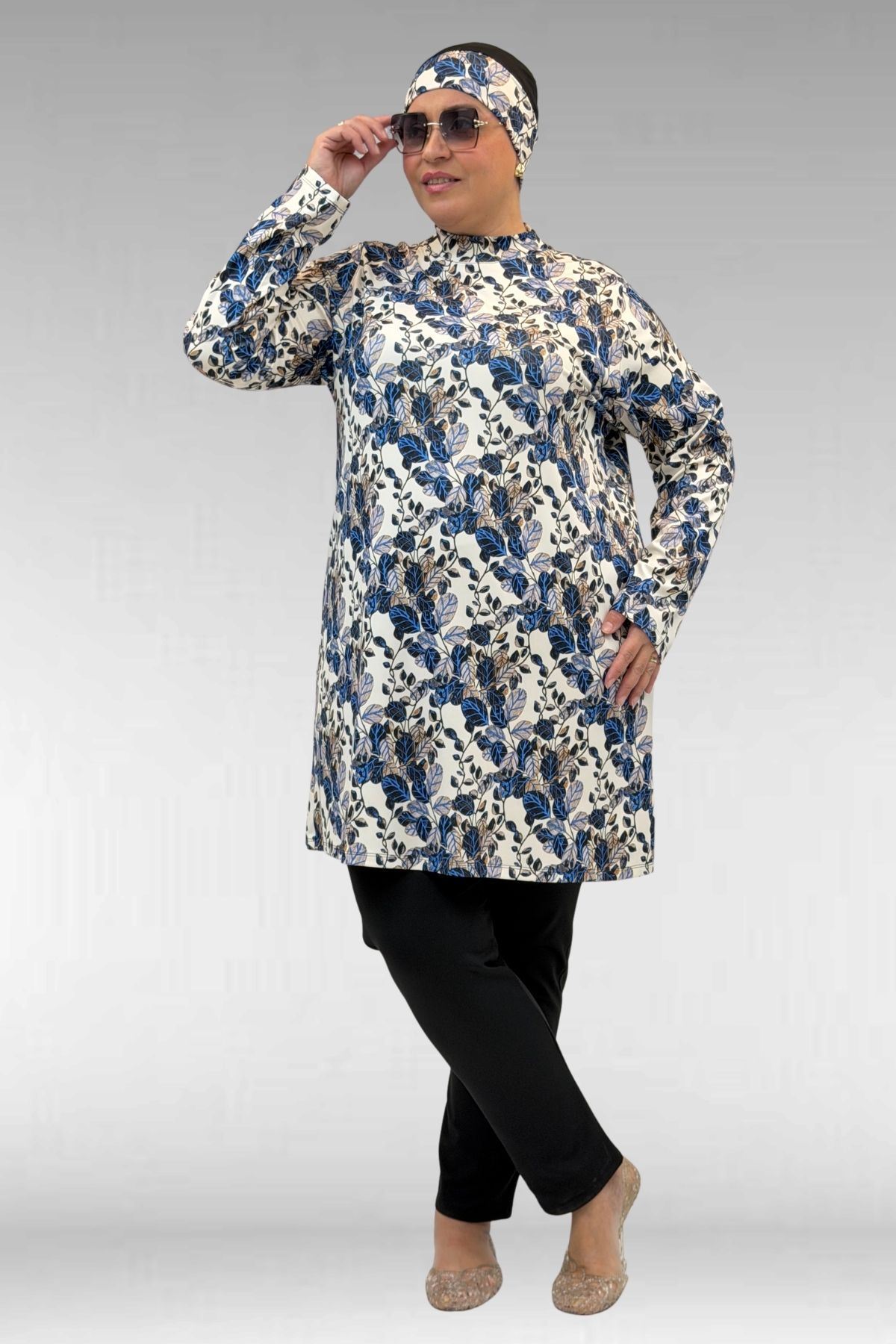 1727 Büyük Beden Uzunkol Tesettür Mayo Takım - Yaprak Desen Mavi-Siyah
