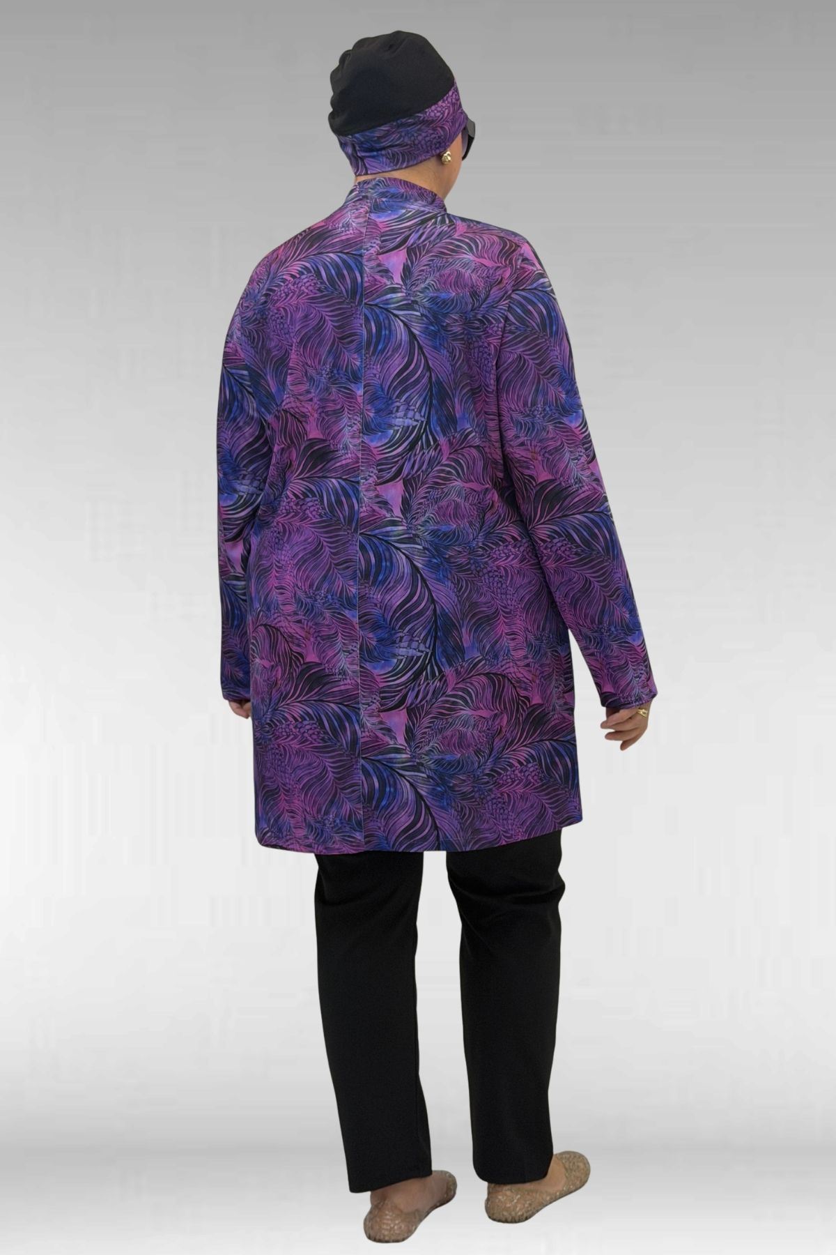 1727 Büyük Beden Uzunkol Tesettür Mayo Takım - Yaprak Desen Mor-Siyah