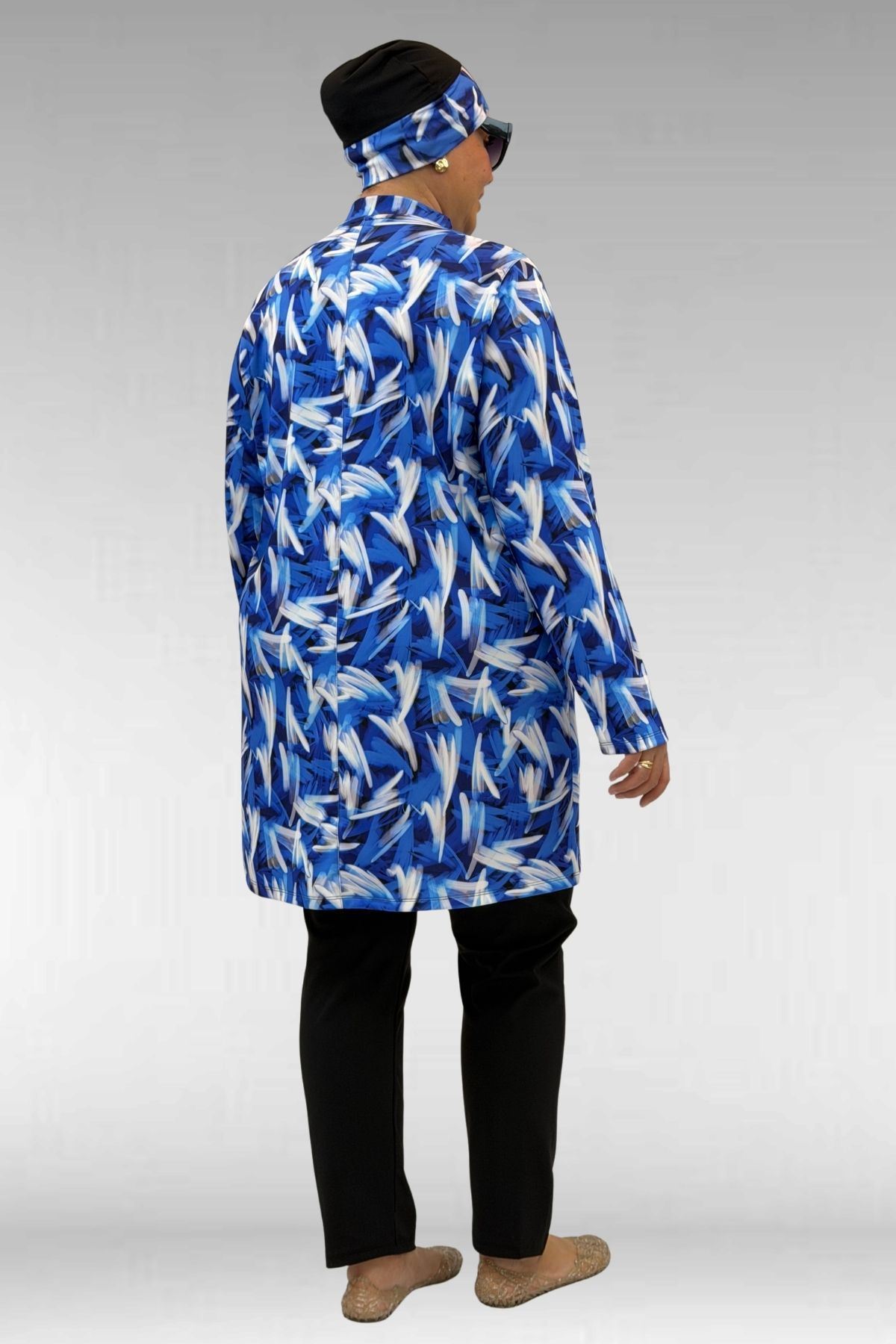 1727 Büyük Beden Uzunkol Tesettür Mayo Takım - Fırça Desen Saks-Siyah