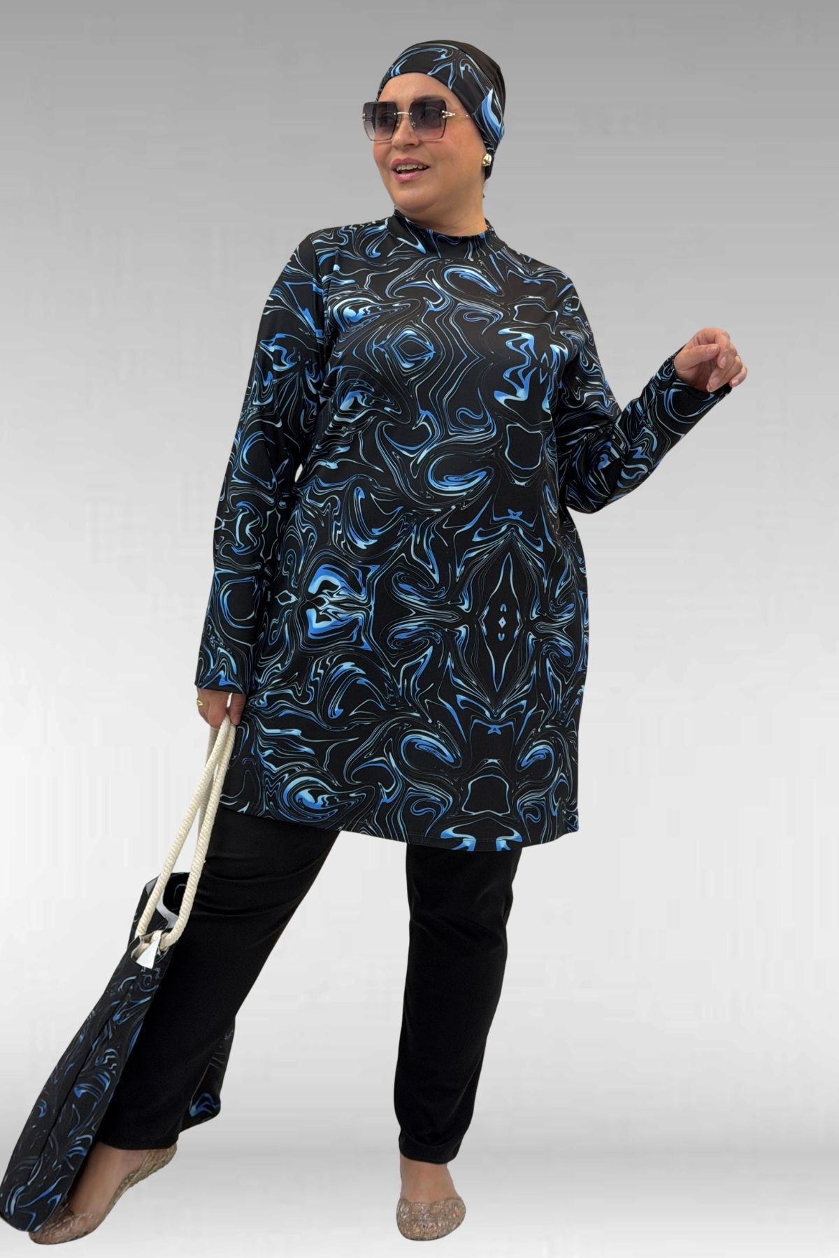 1727 Büyük Beden Uzunkol Tesettür Mayo Takım - Aqua Mavi-Siyah
