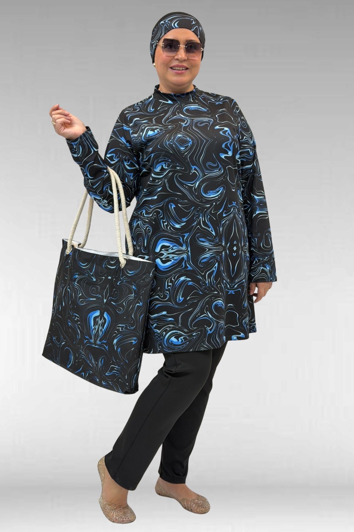 1727 Büyük Beden Uzunkol Tesettür Mayo Takım - Aqua Mavi-Siyah