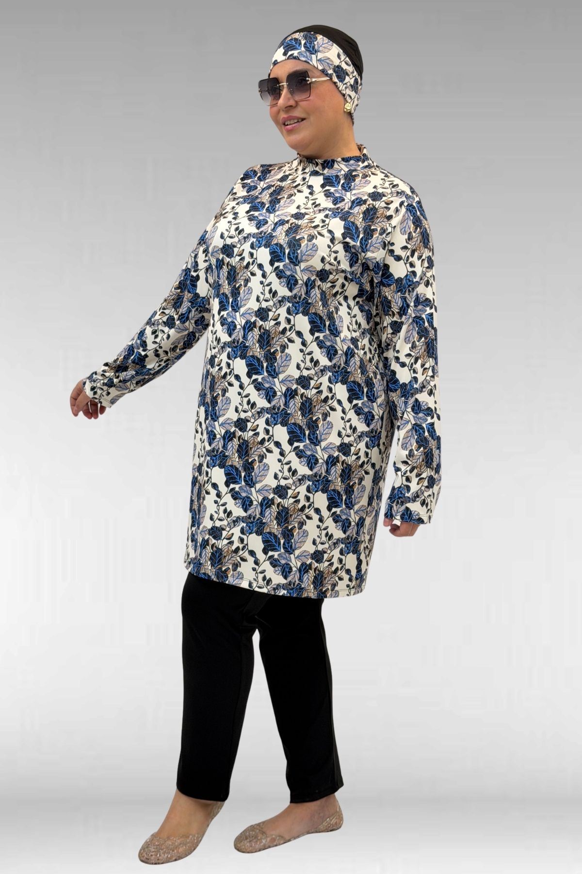 1727 Büyük Beden Uzunkol Tesettür Mayo Takım - Yaprak Desen Mavi-Siyah
