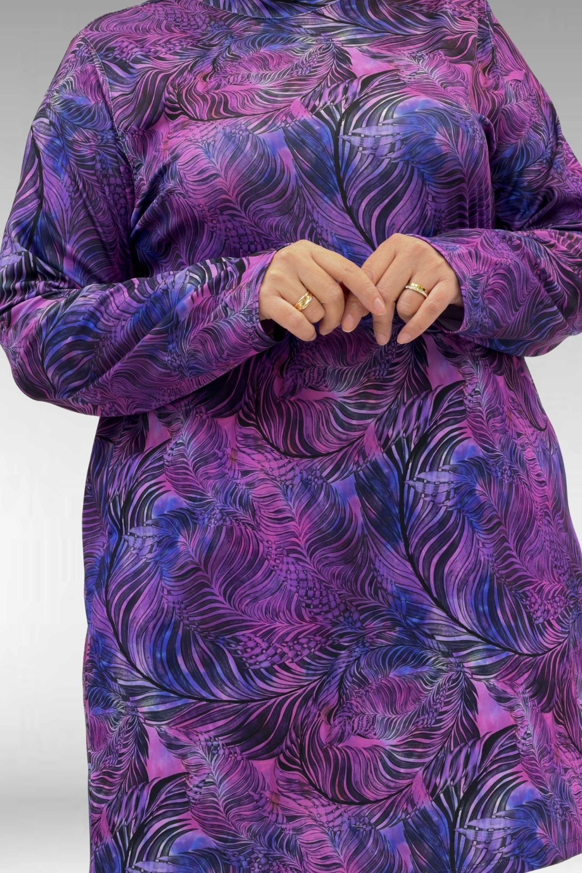 1727 Büyük Beden Uzunkol Tesettür Mayo Takım - Yaprak Desen Mor-Siyah