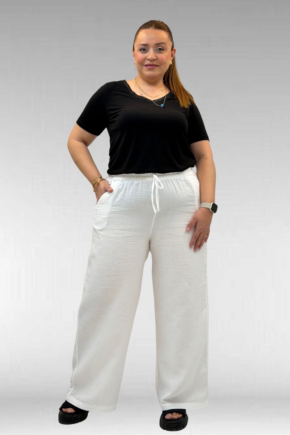 59021 Büyük Beden Beli Lastikli Müslin Bol Paça Pantolon - Ekru