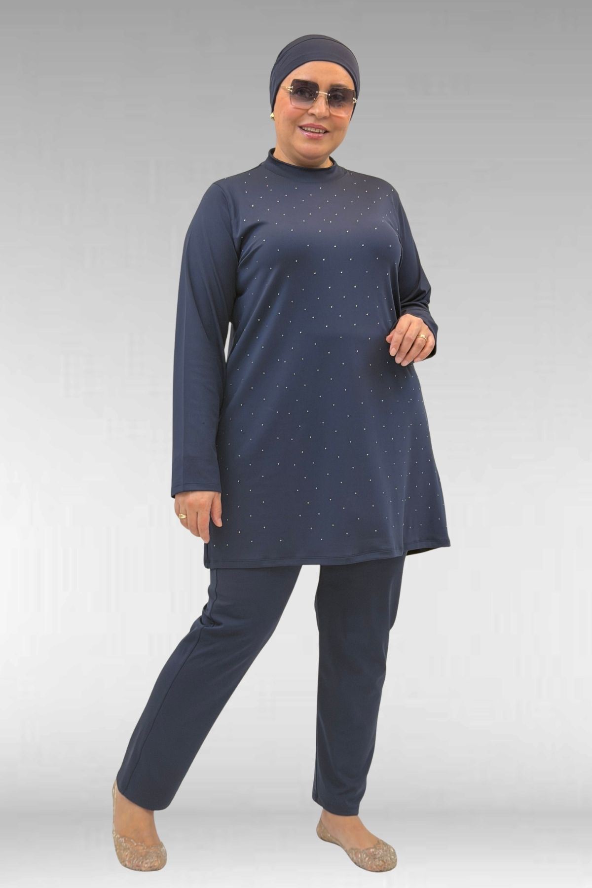 1739 Büyük Beden Önü Taş Baskılı Uzunkol Tesettür Mayo - Lacivert
