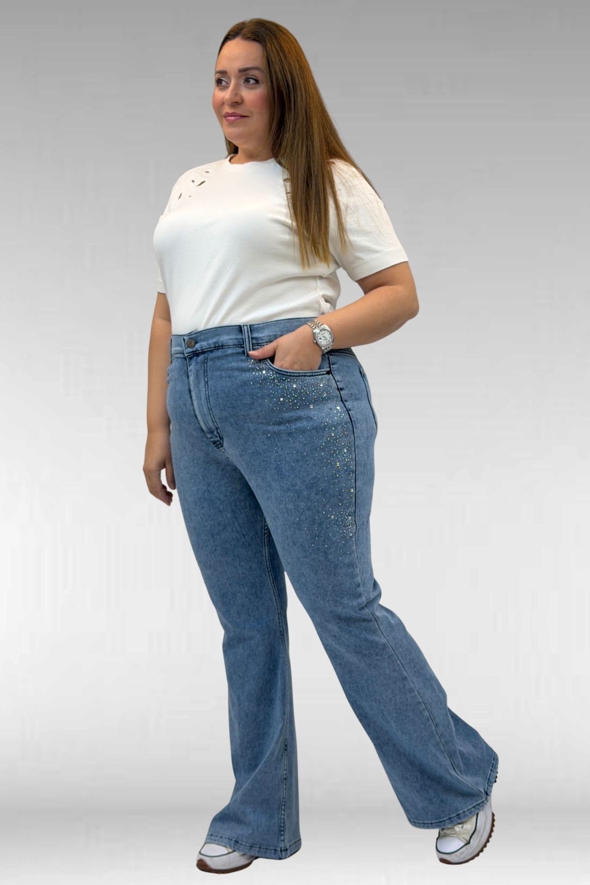 69004 Büyük Beden Yanları Taşlı İspanyol Kot Pantolon - Mavi