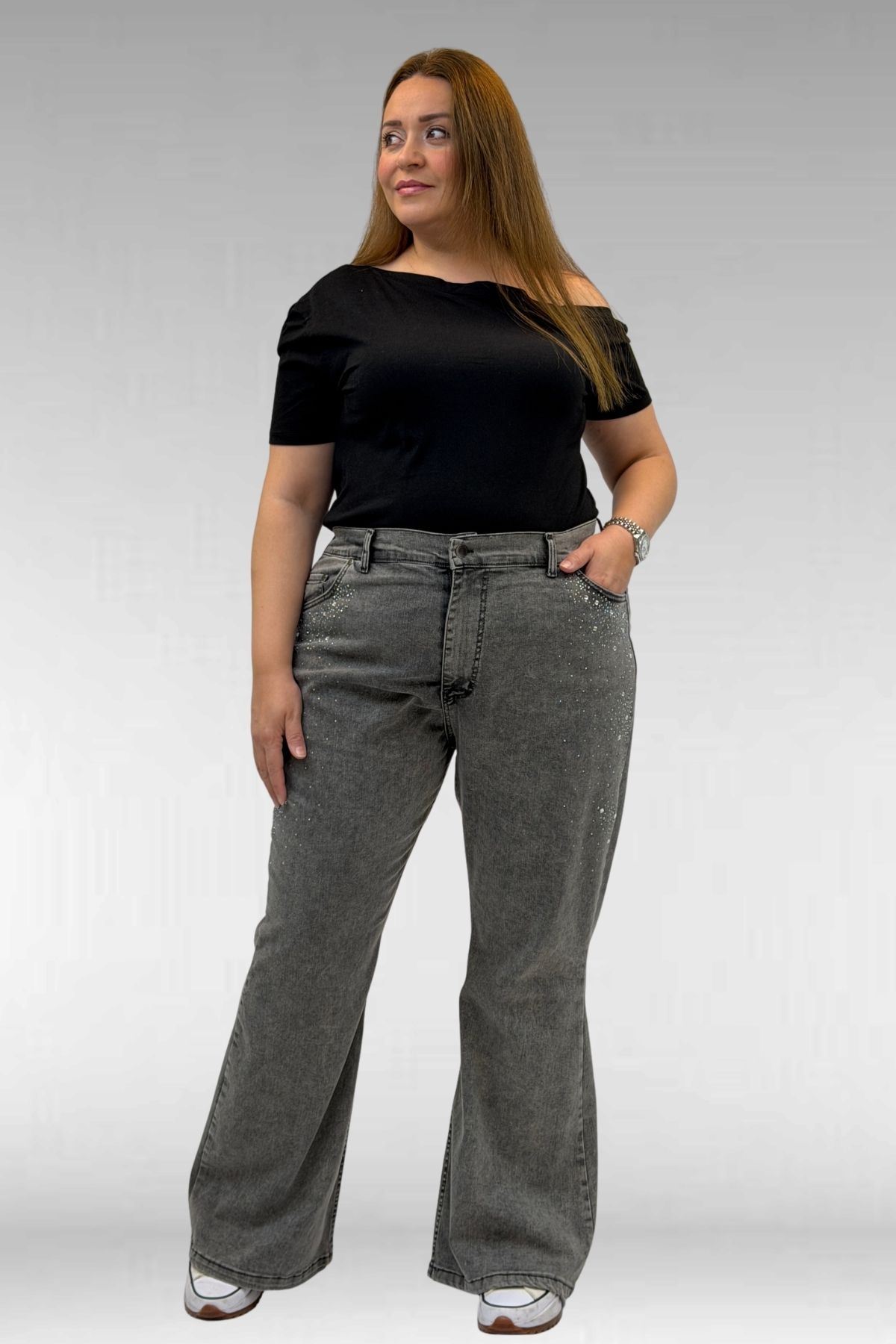 69004 Büyük Beden Yanları Taşlı İspanyol Kot Pantolon - Antrasit