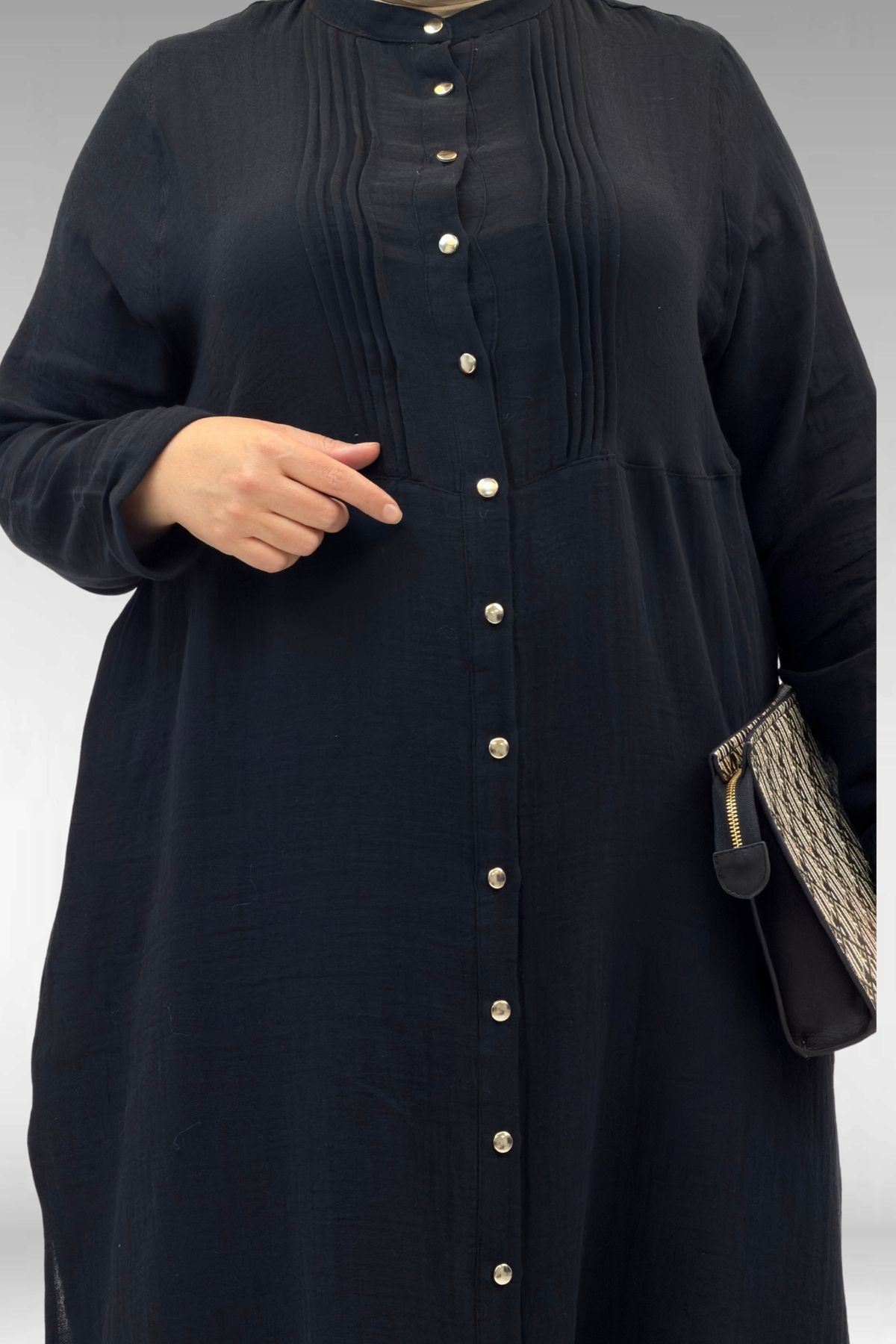 67023 Büyük Beden Önü Pile Detaylı Müslin Pantolonlu Takım - Siyah