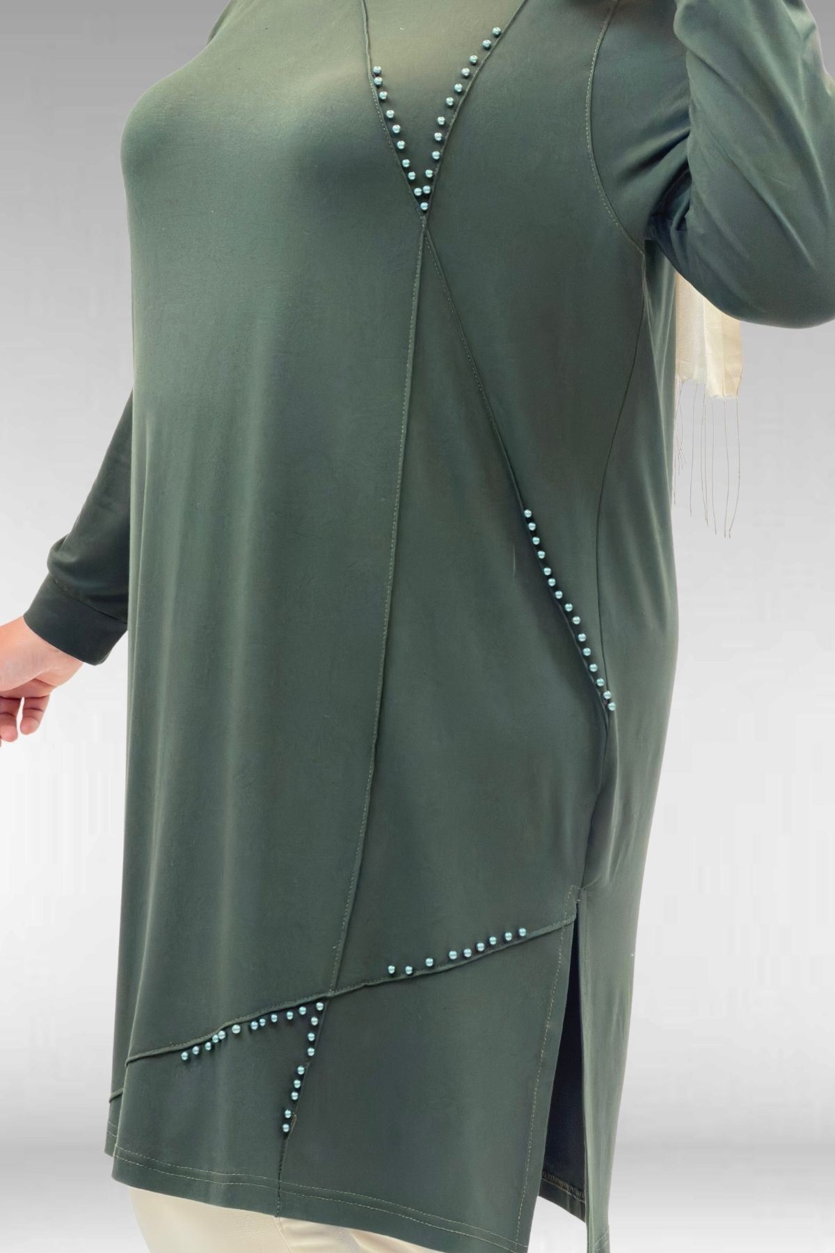 68005 Büyük Beden İnci Çakma Detaylı Penye Tunik - Haki