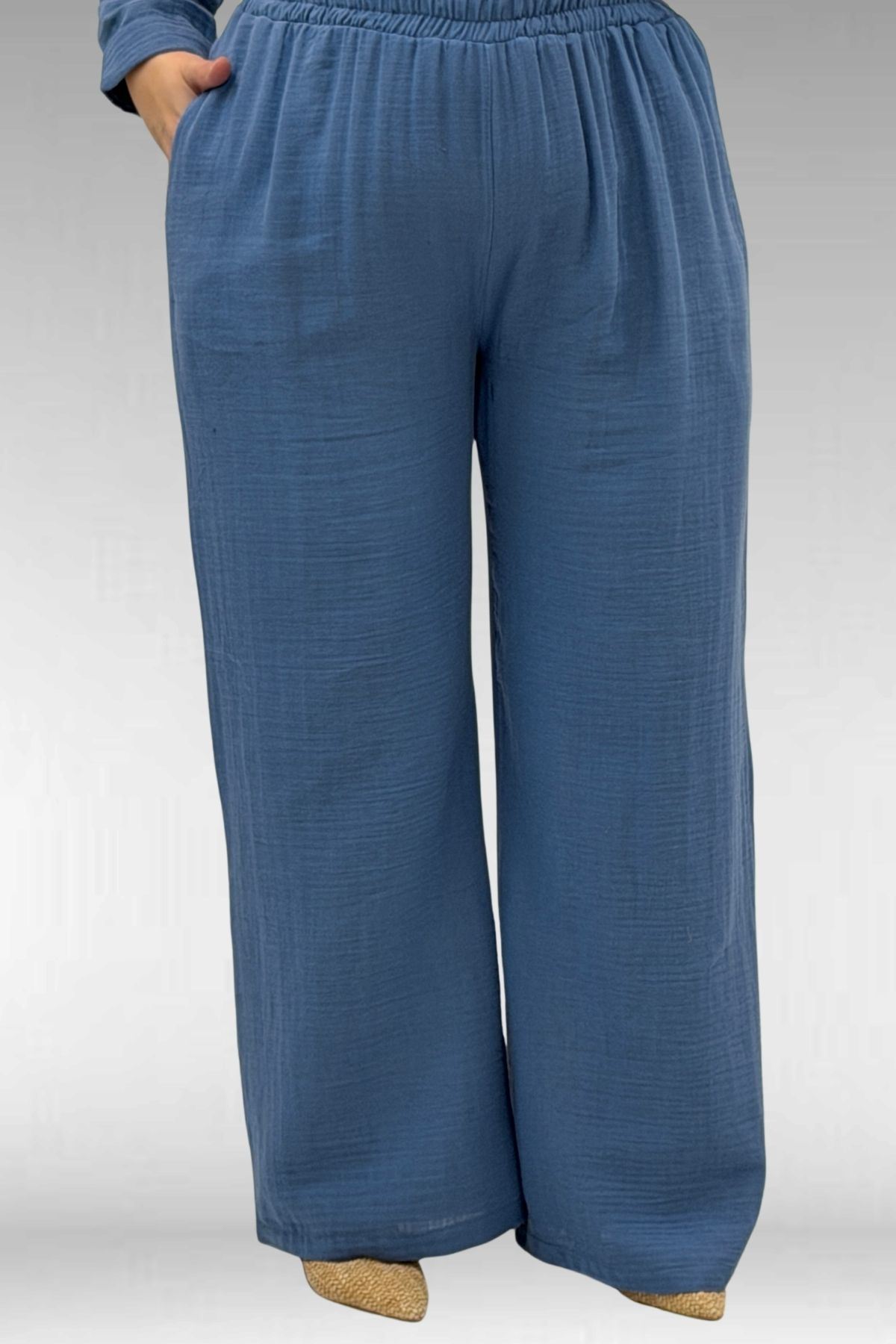 67023 Büyük Beden Önü Pile Detaylı Müslin Pantolonlu Takım - İndigo