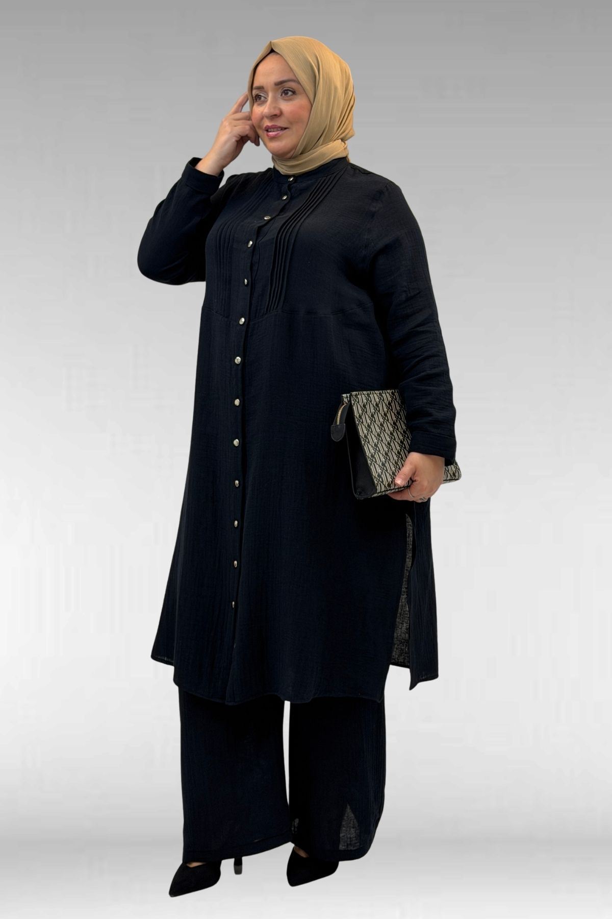 67023 Büyük Beden Önü Pile Detaylı Müslin Pantolonlu Takım - Siyah