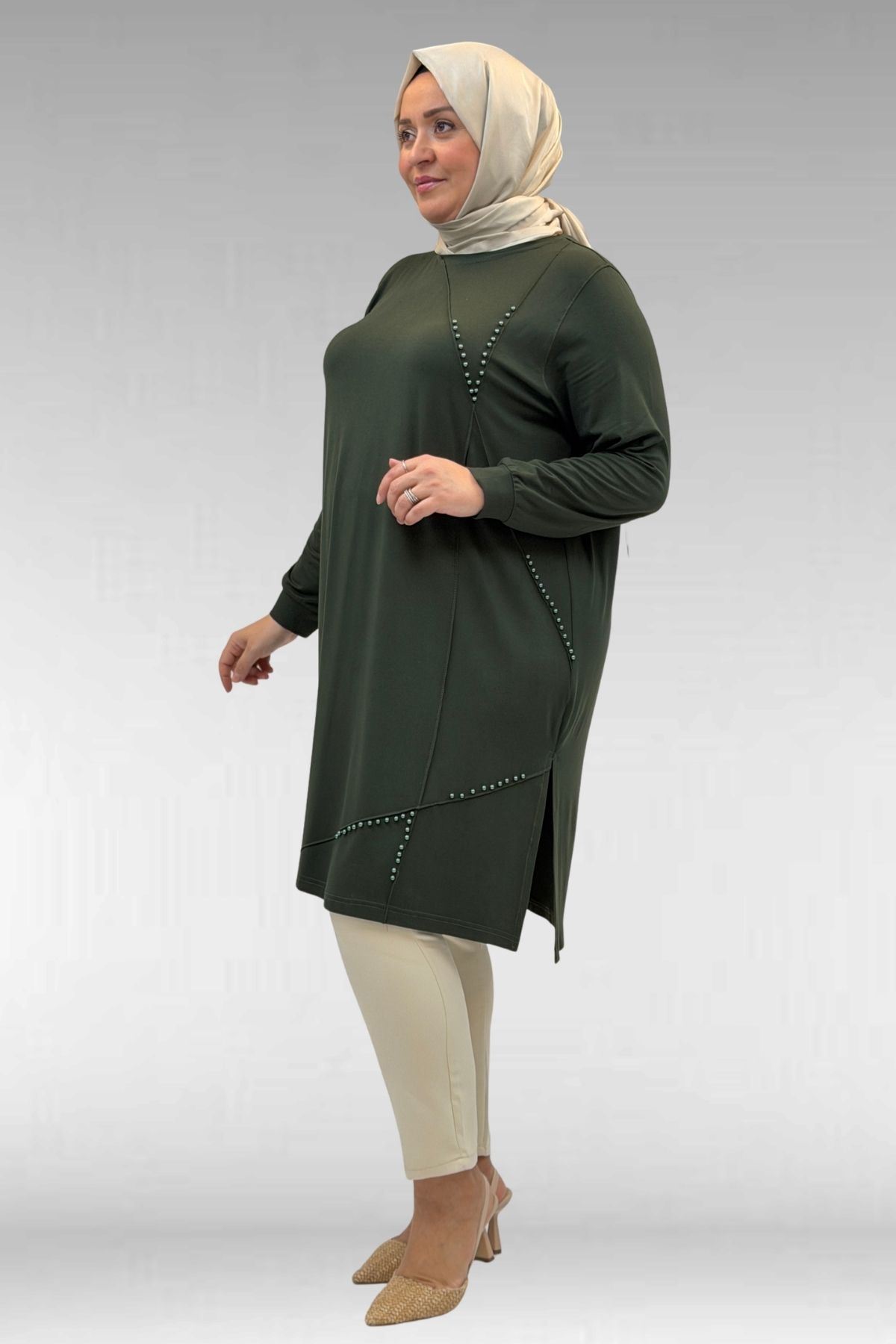 68005 Büyük Beden İnci Çakma Detaylı Penye Tunik - Haki
