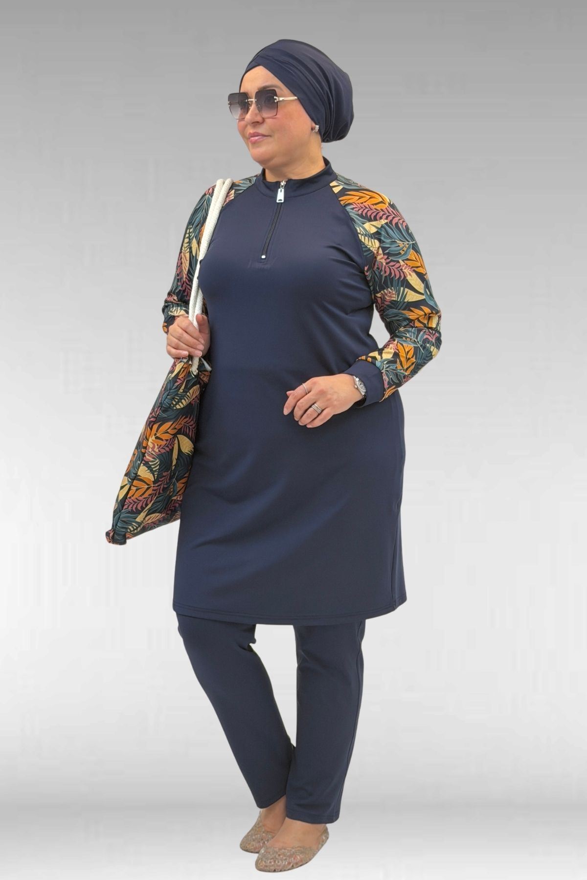 1732 Büyük Beden Balıkçı Yaka Fermuarlı Mayo - Yaprak Desen Hardal-Laci