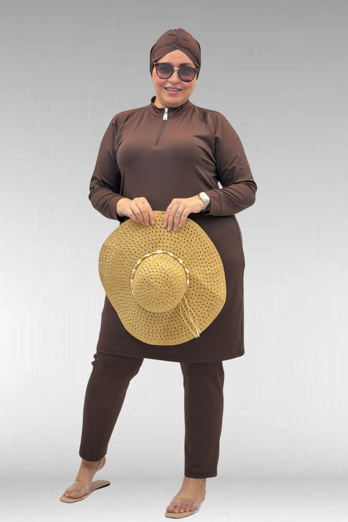 1732 Büyük Beden Balıkçı Yaka Fermuarlı Mayo - Kahve