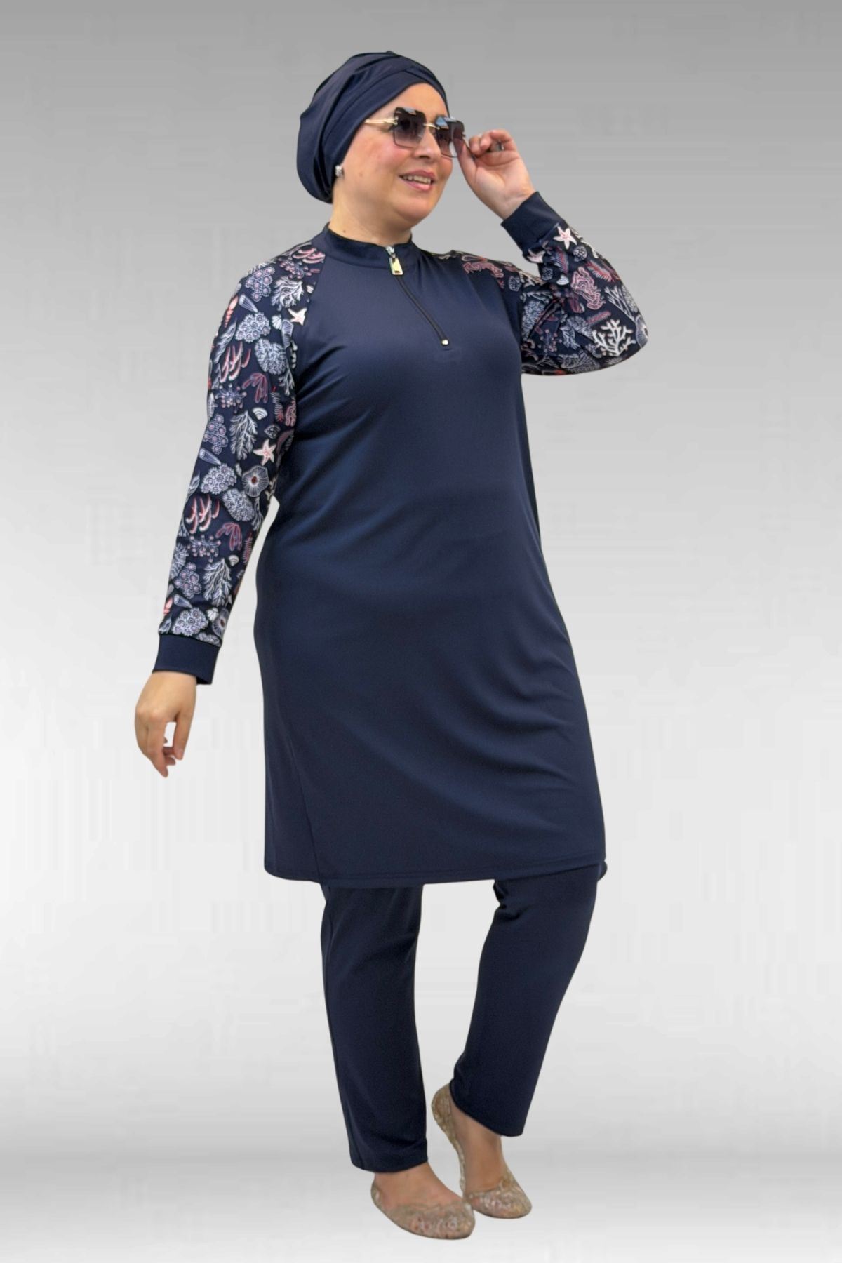 1732 Büyük Beden Balıkçı Yaka Fermuarlı Mayo - Karışık Desen Laci-Laci