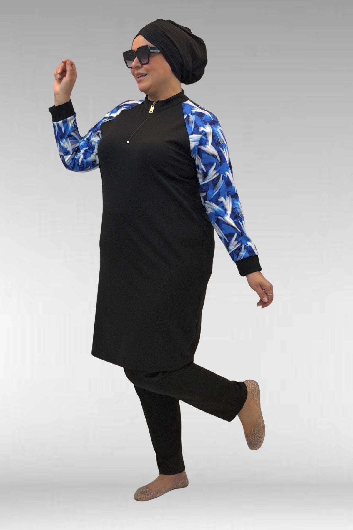 1732 Büyük Beden Balıkçı Yaka Fermuarlı Mayo - Fırça Desen Saks-Siyah