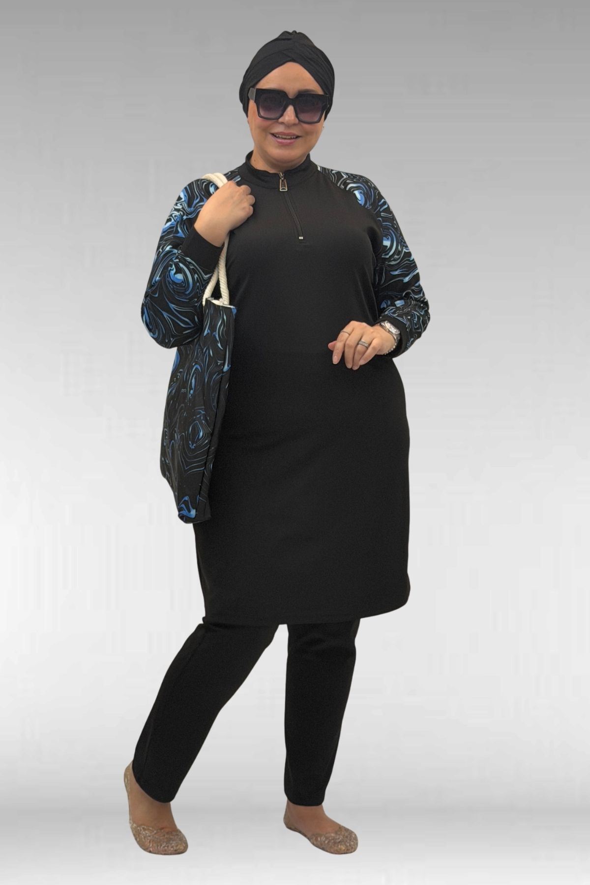 1732 Büyük Beden Balıkçı Yaka Fermuarlı Mayo - Aqua Mavi-Siyah