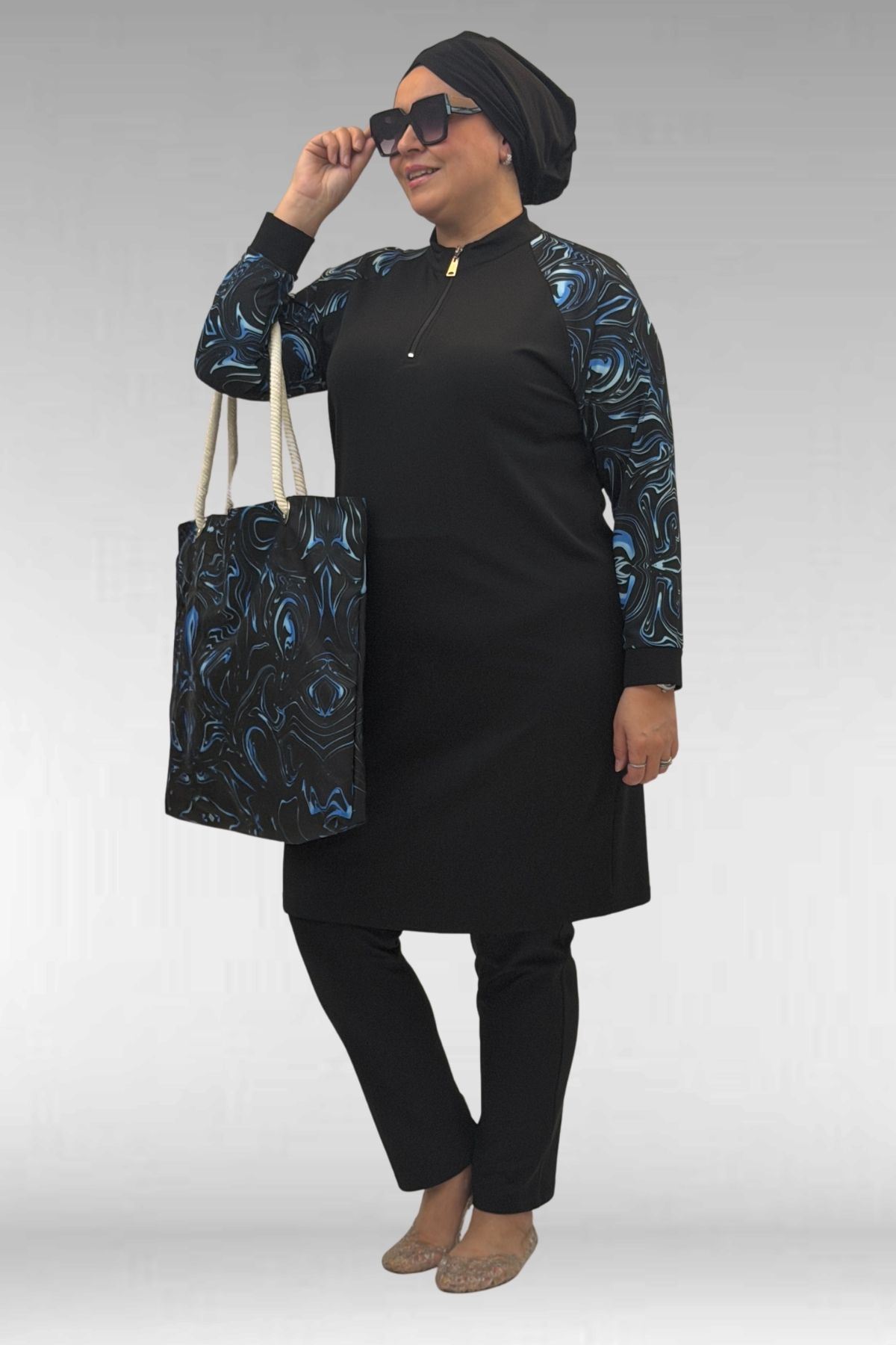 1732 Büyük Beden Balıkçı Yaka Fermuarlı Mayo - Aqua Mavi-Siyah