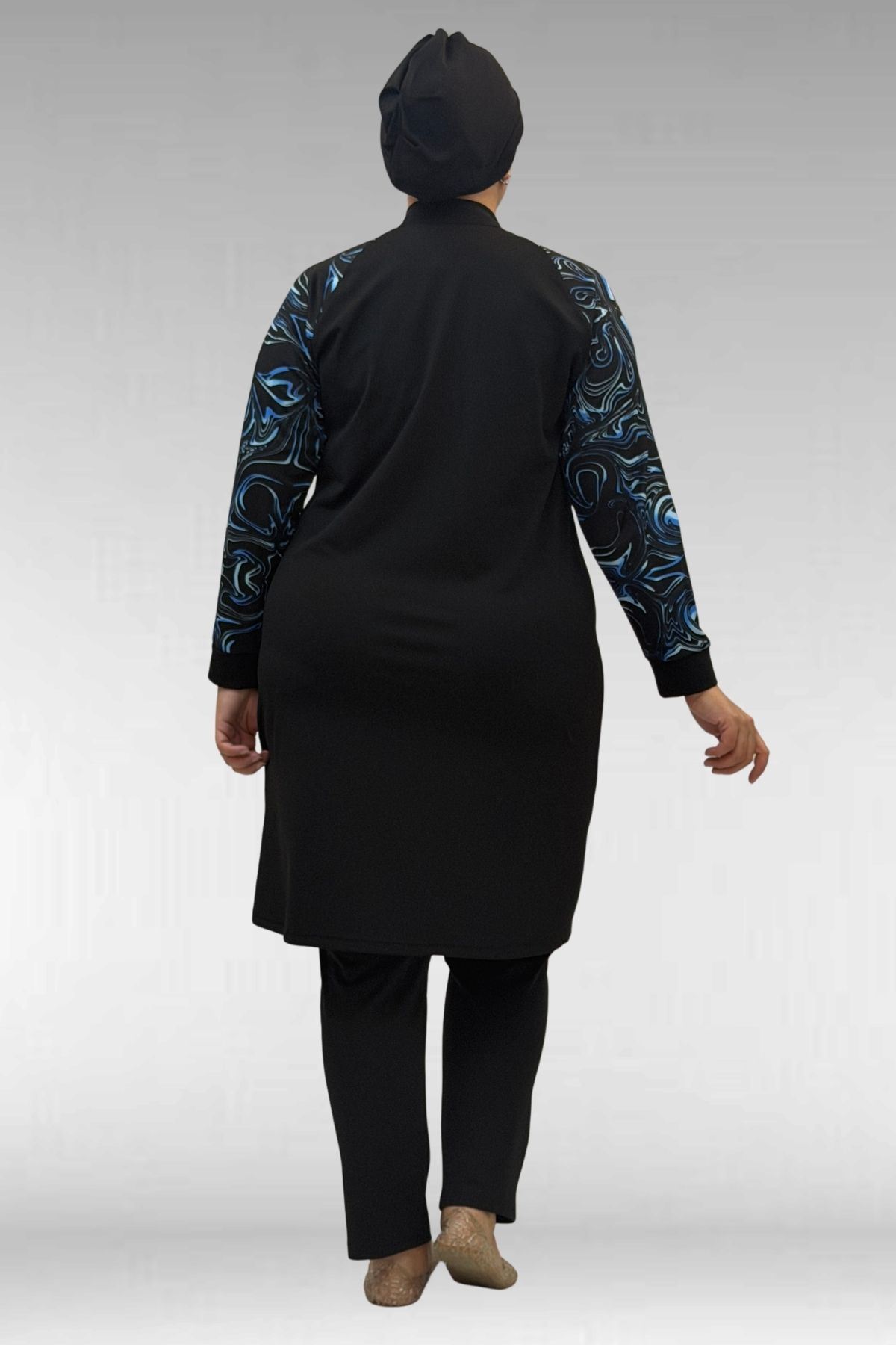 1732 Büyük Beden Balıkçı Yaka Fermuarlı Mayo - Aqua Mavi-Siyah