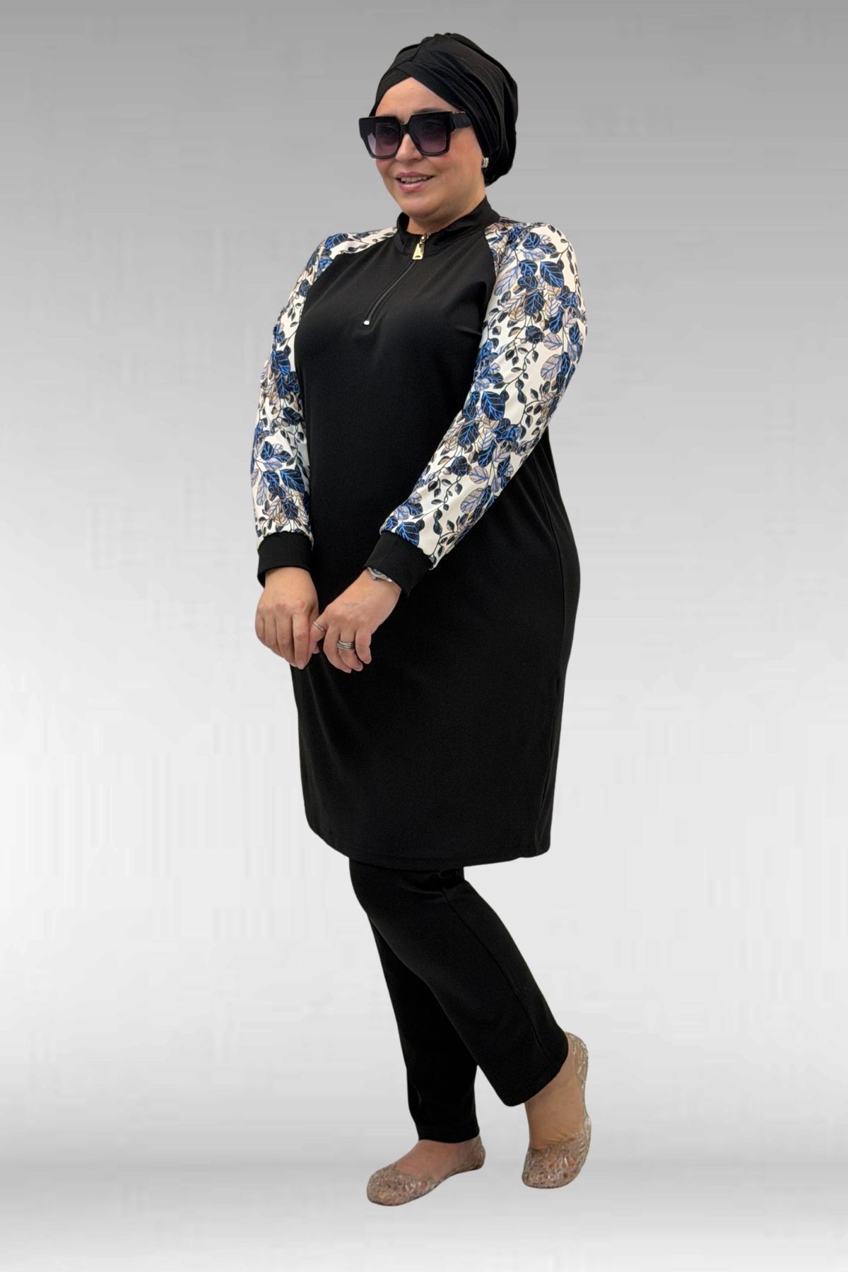 1732 Büyük Beden Balıkçı Yaka Fermuarlı Mayo - Yaprak Desen Mavi-Siyah