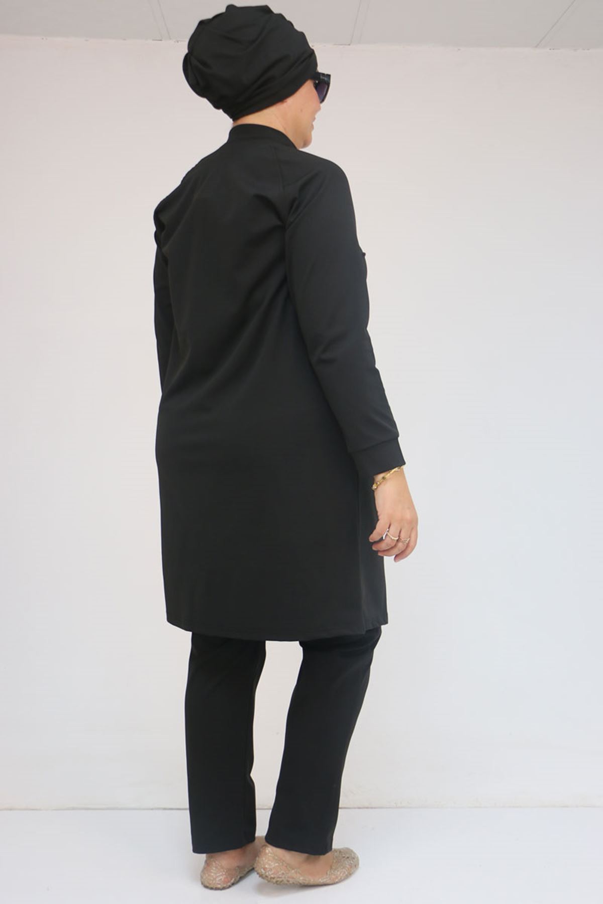 1732 Büyük Beden Balıkçı Yaka Fermuarlı Mayo - Siyah