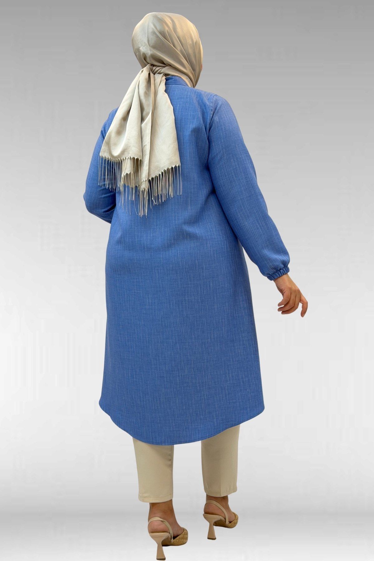 68017 Büyük Beden Hakim Yakalı Kolları Lastikli Tunik - İndigo