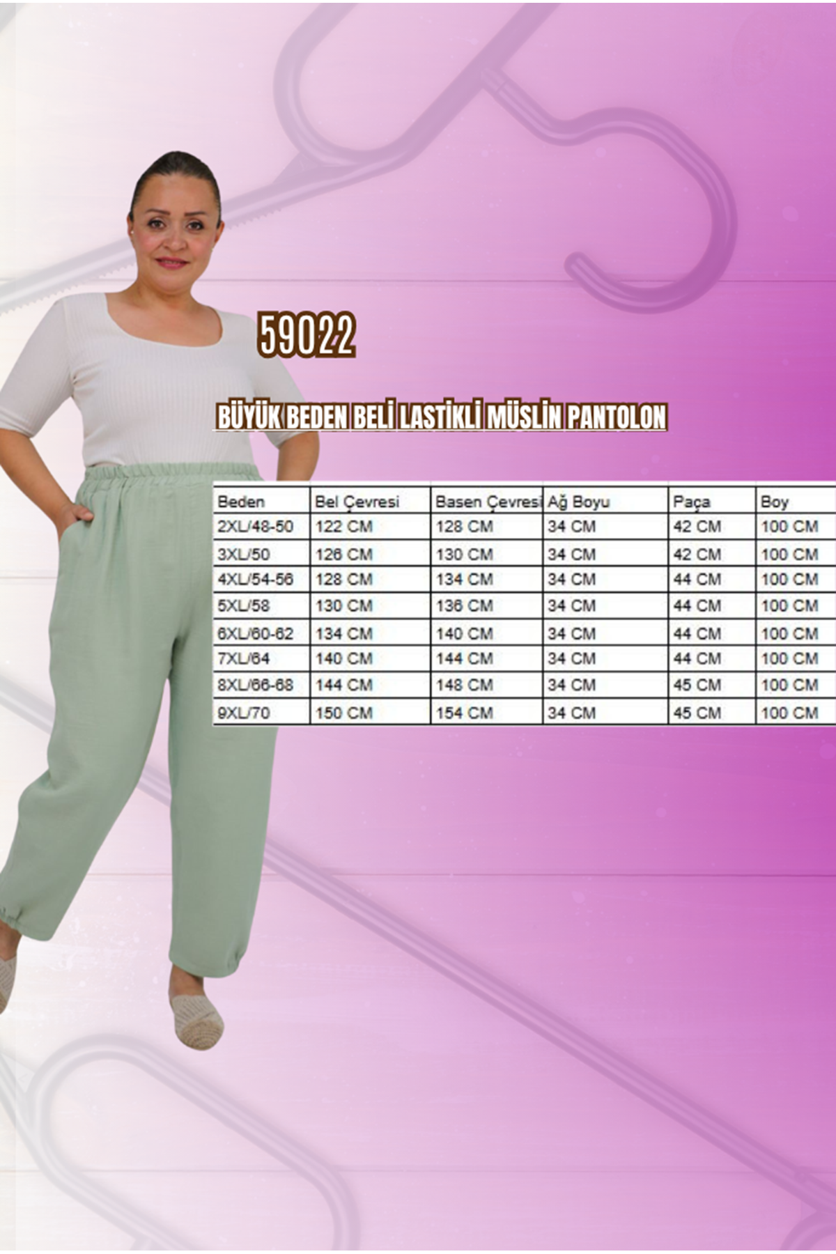 59022 Büyük Beden Paçası Yarım Lastikli Müslin Pantolon - Siyah