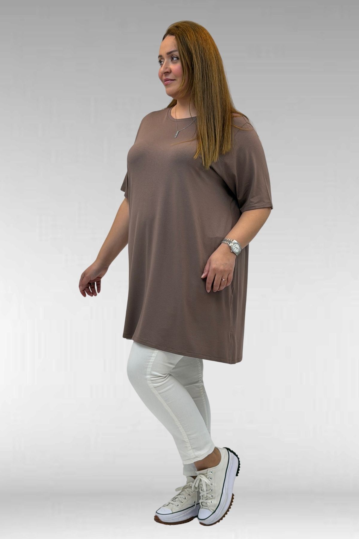 58507 Büyük Beden Yakası Biyeli Penye Tişört - Vizon