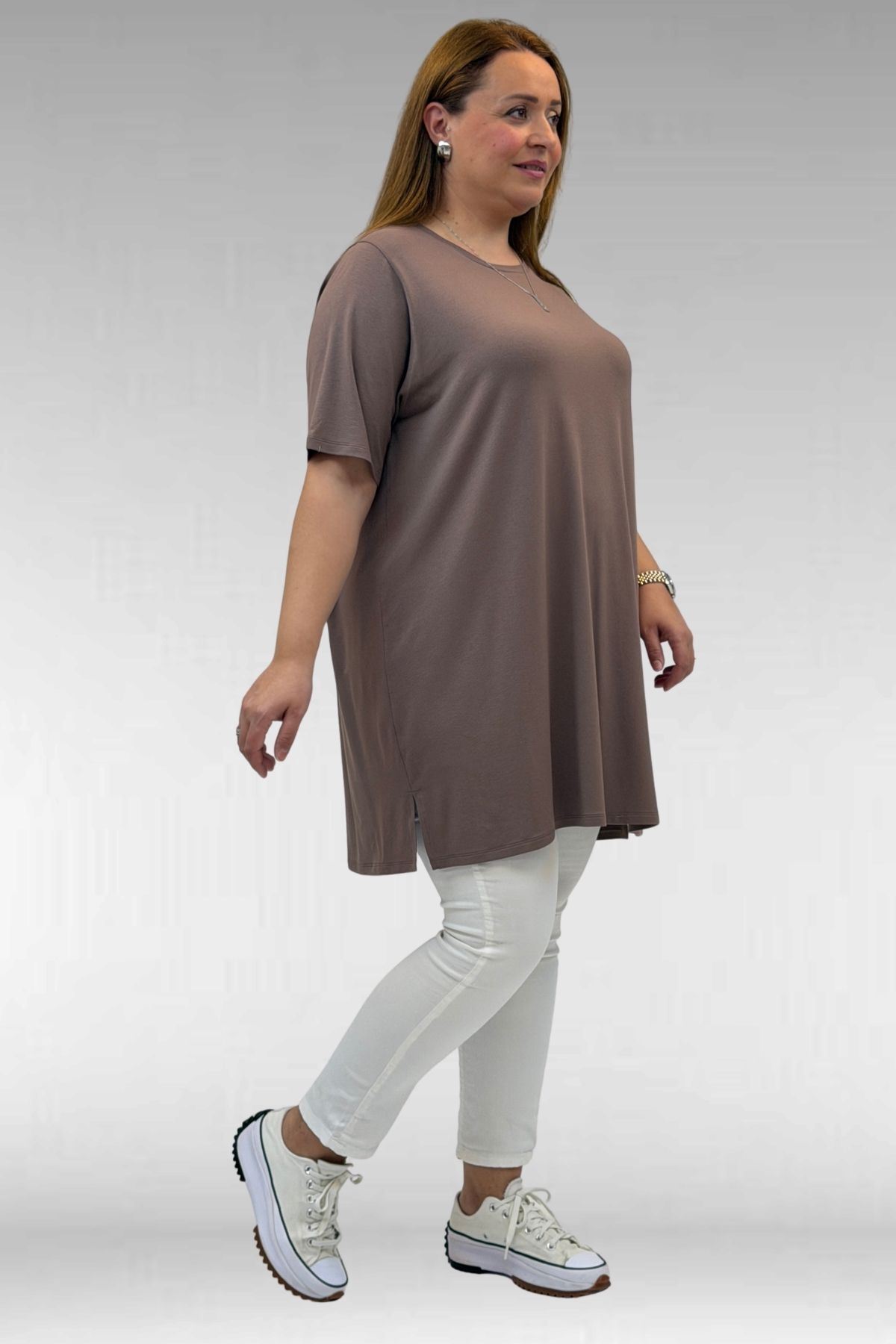 58507 Büyük Beden Yakası Biyeli Penye Tişört - Vizon