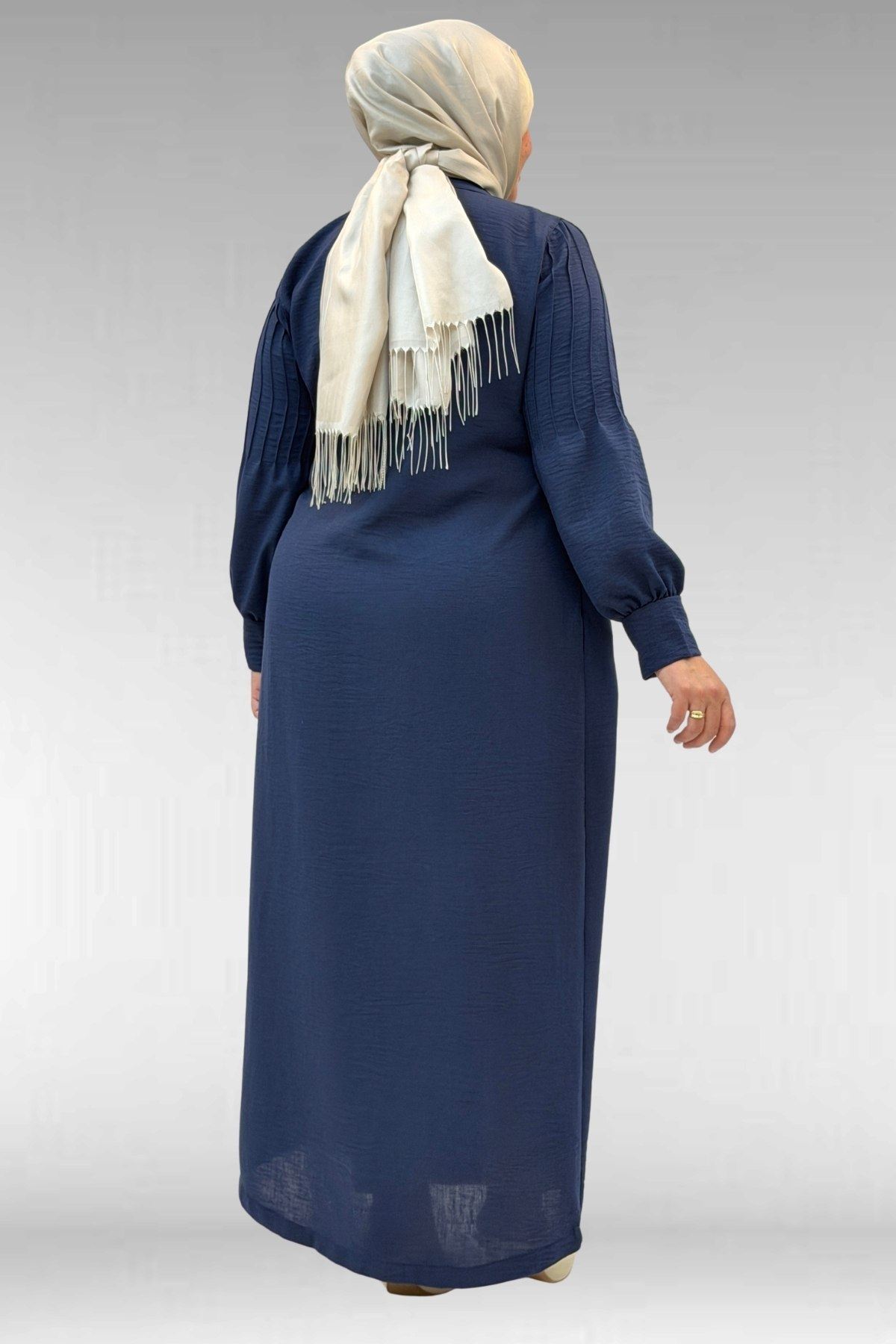 66004 Büyük Beden Pile Detaylı Keten Ferace - Lacivert