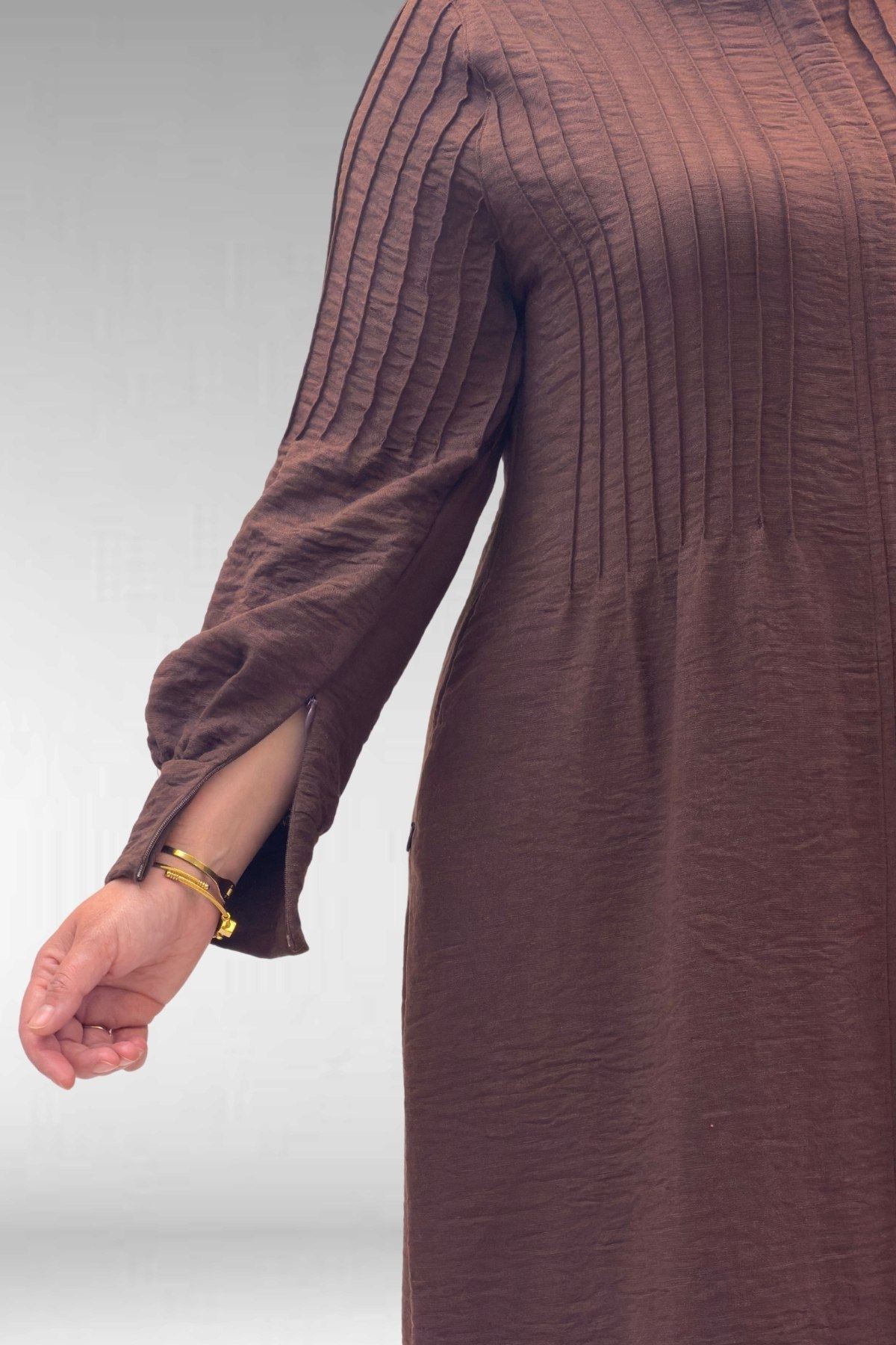 66004 Büyük Beden Pile Detaylı Keten Ferace - Kahve