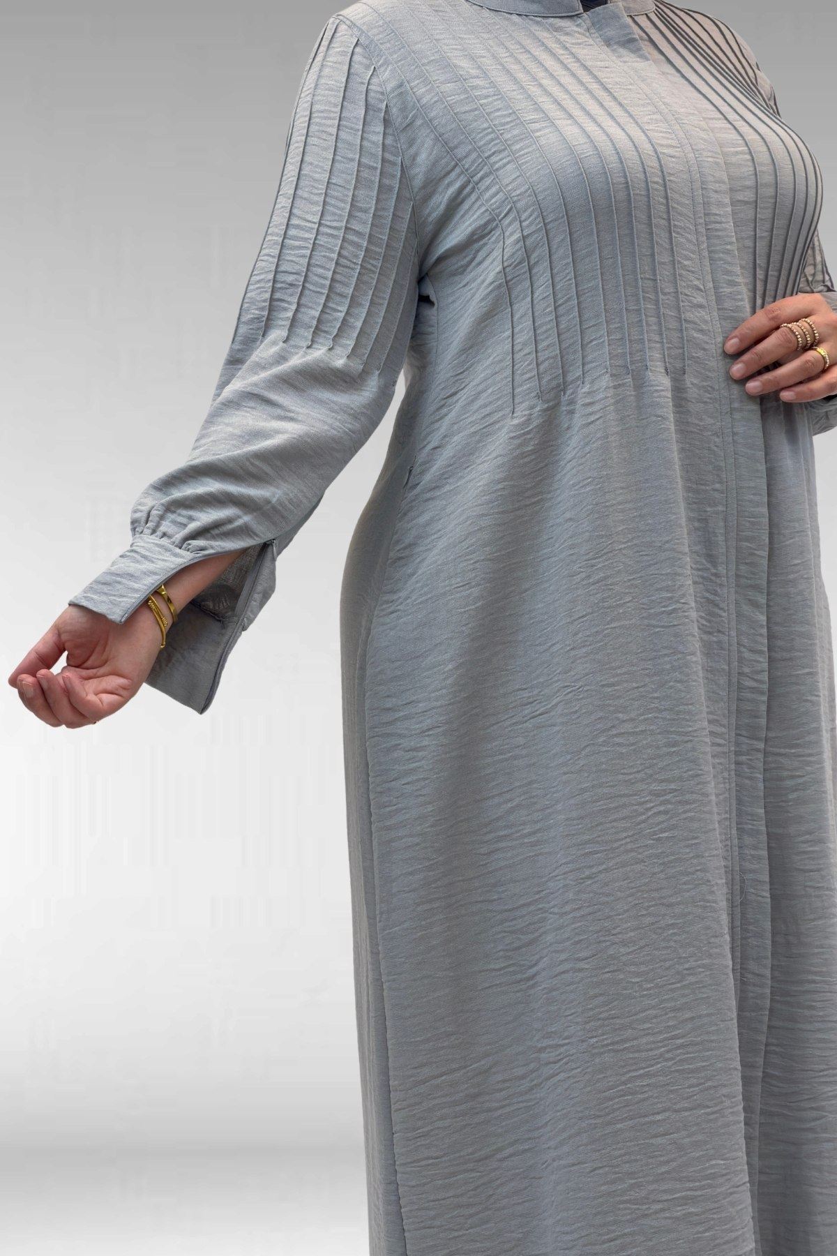 66004 Büyük Beden Pile Detaylı Keten Ferace - Gri