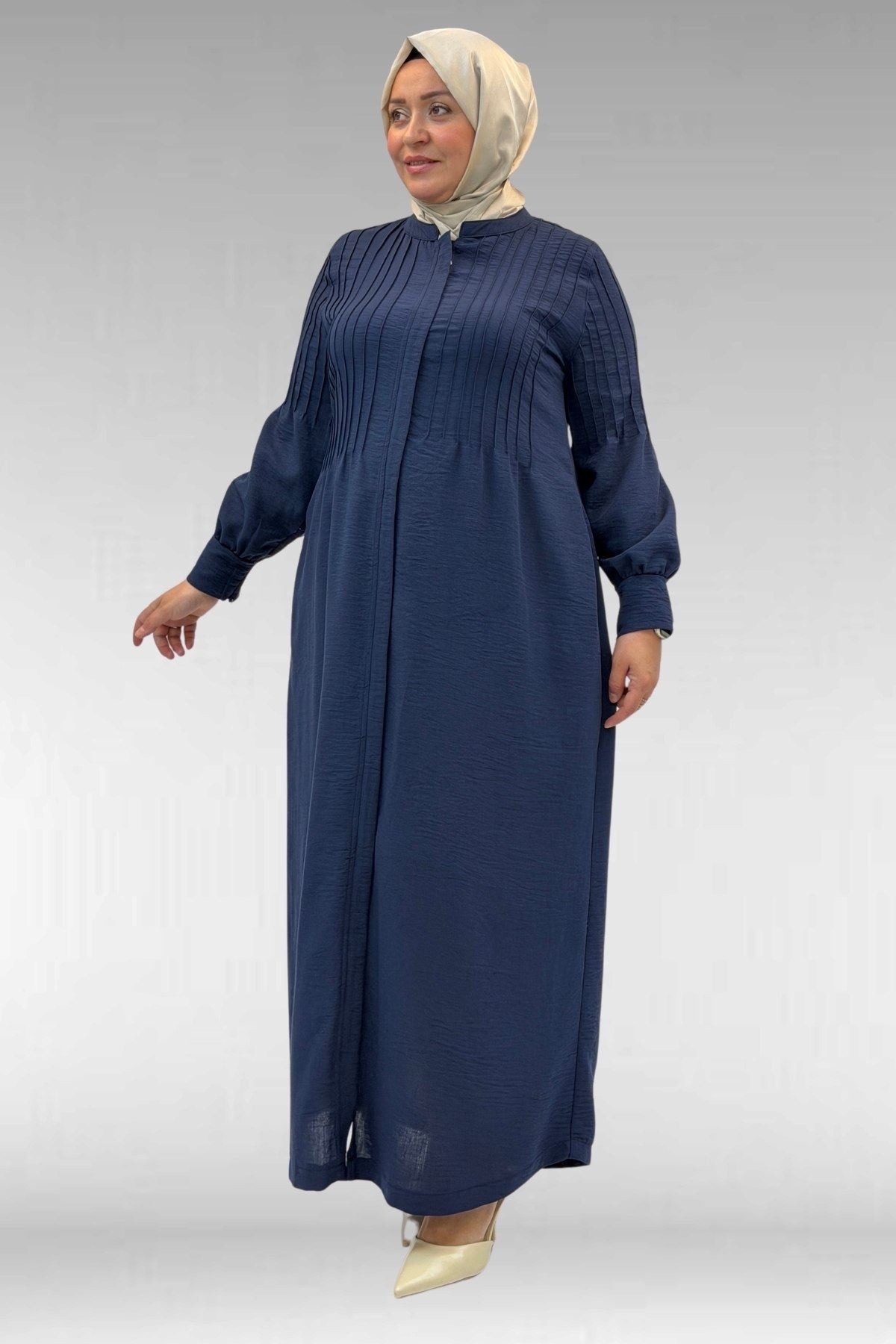 66004 Büyük Beden Pile Detaylı Keten Ferace - Lacivert