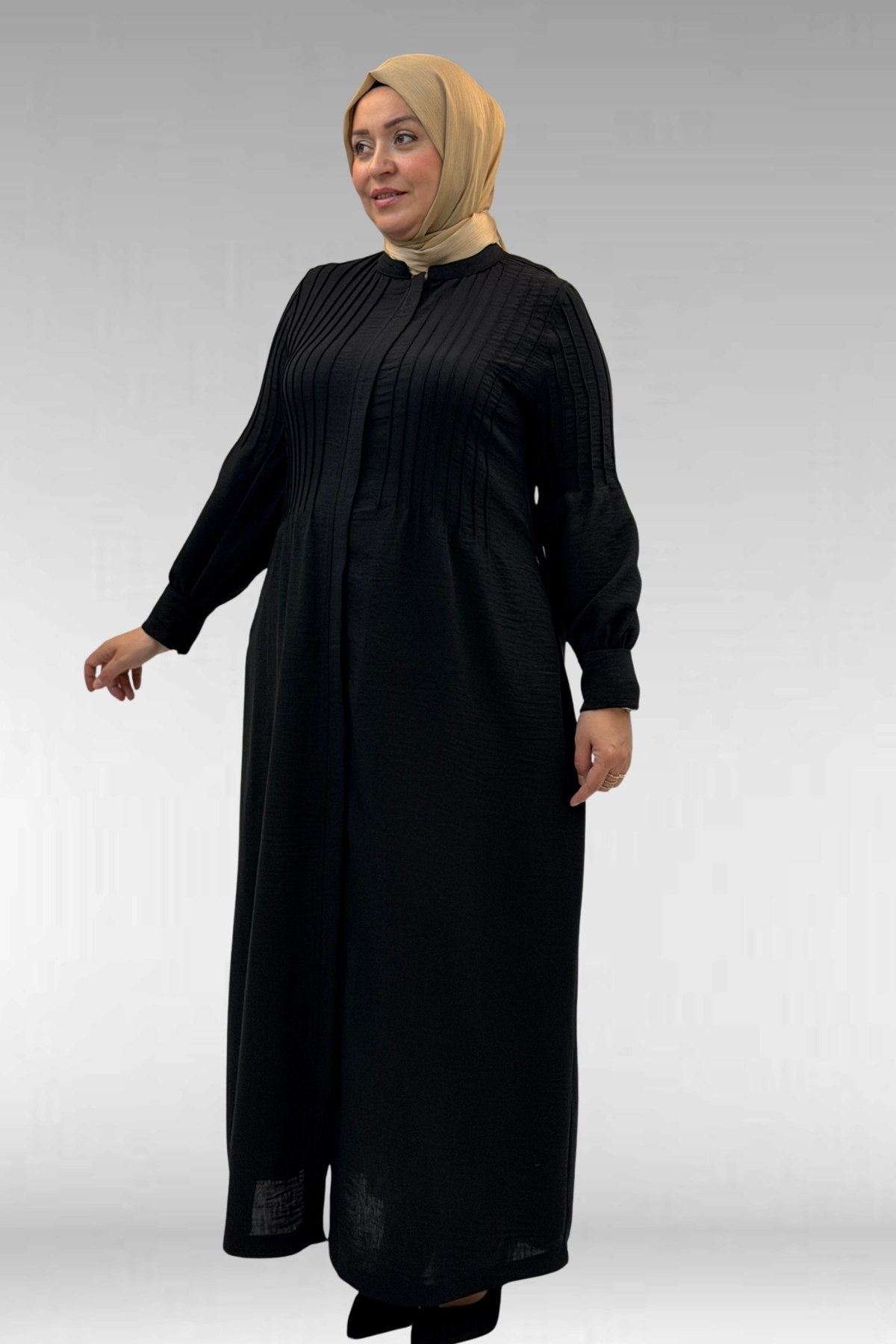 66004 Büyük Beden Pile Detaylı Keten Ferace - Siyah