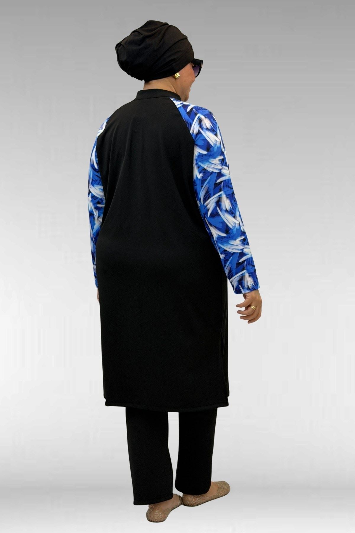 1733 Büyük Beden Fermuarlı Tesettür Mayo - Fırça Desen Saks-Siyah