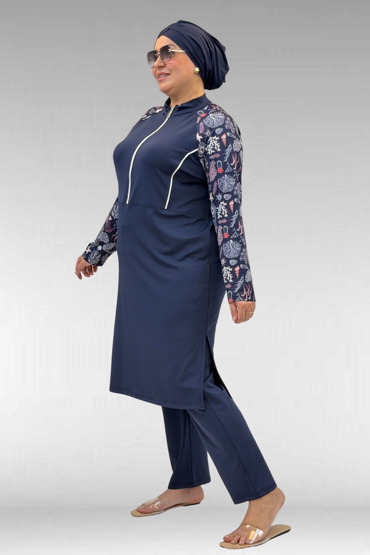 1733 Büyük Beden Fermuarlı Tesettür Mayo - Karışık Desen Laci-Laci